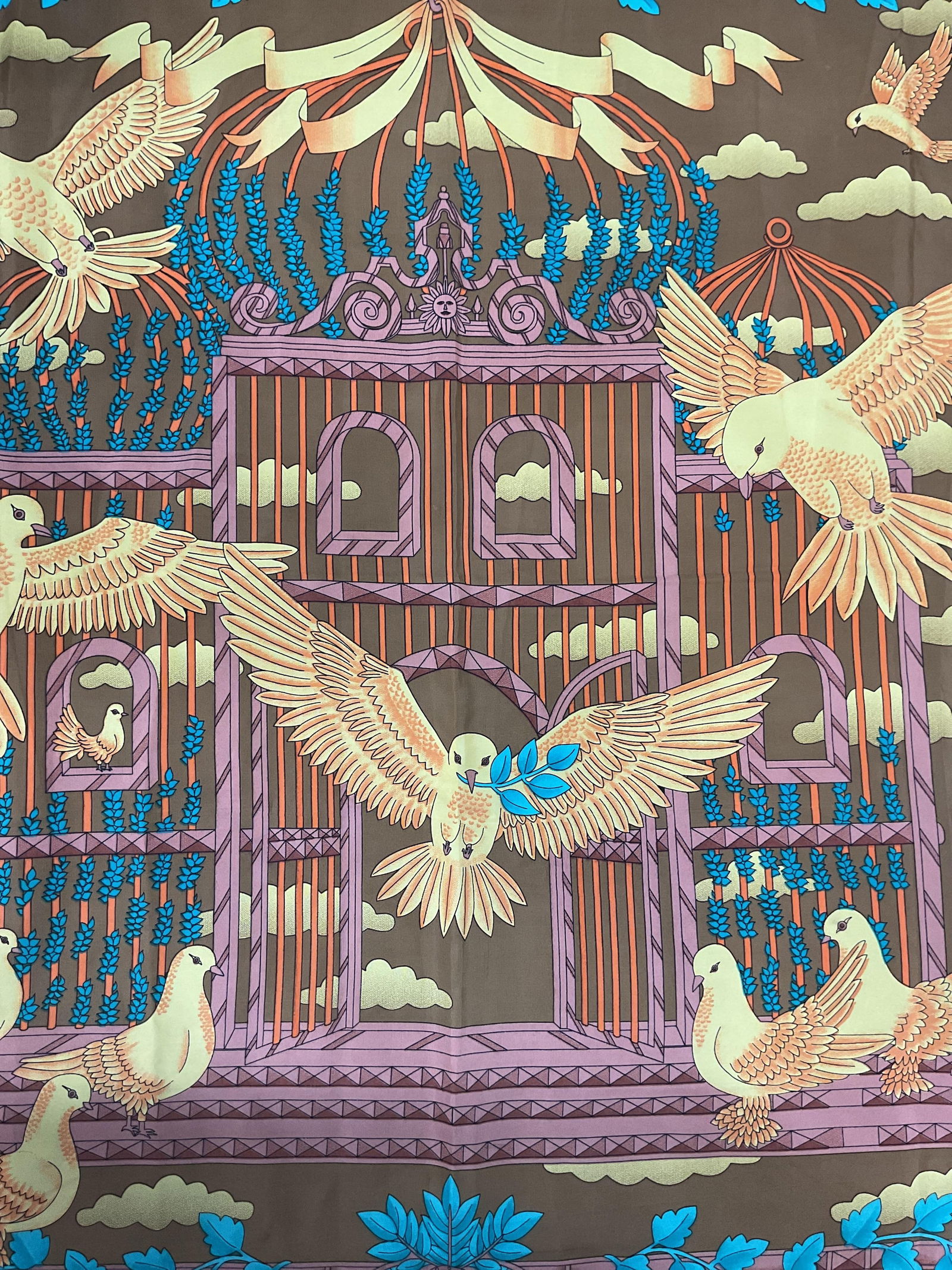 Brown & Blue Bird & Birdcage Scarf, France (1 of 8)
