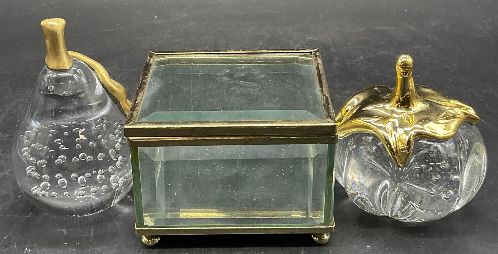 3 Art Glass Fruit Paperweights & Glass Trinket Bx (1 of 6)