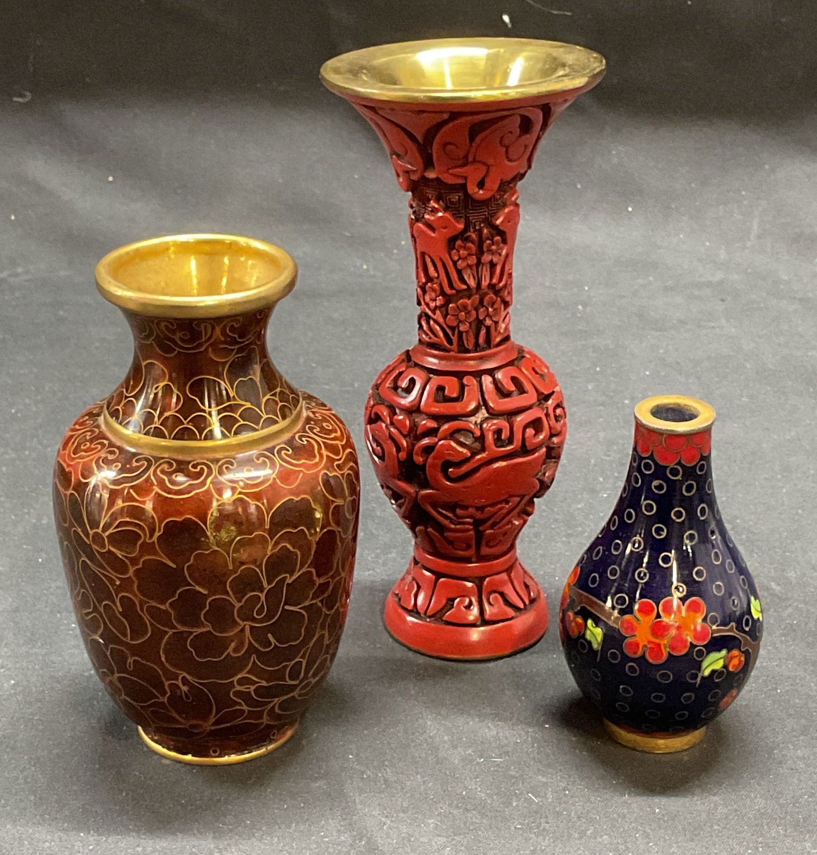 Lot 3 Asian Cloisonne & Cinnabar Style Vases (1 of 6)