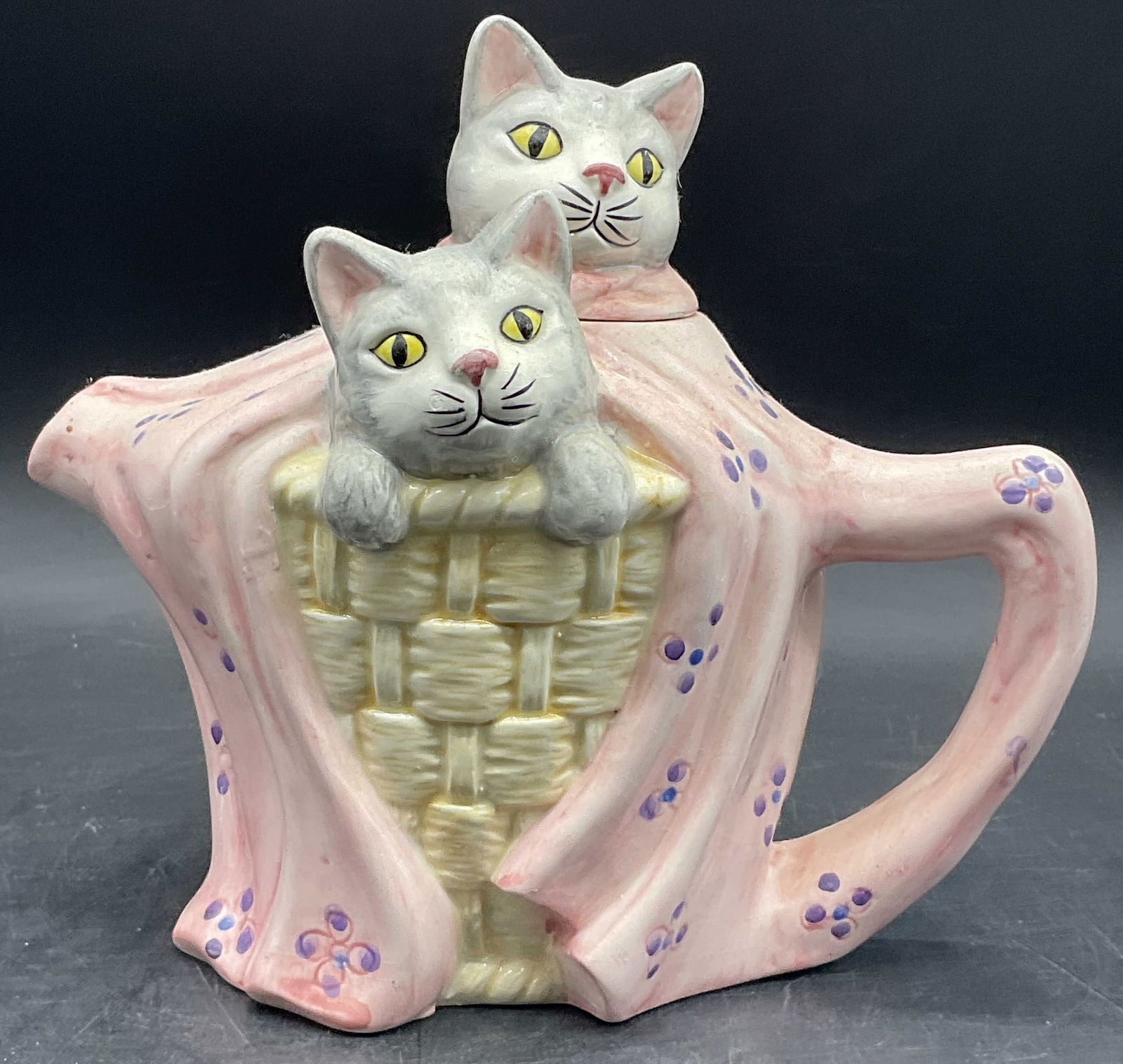 1994 SEYMOUR MANN Faience Cat Ceramic Teapot, Lid (1 of 10)