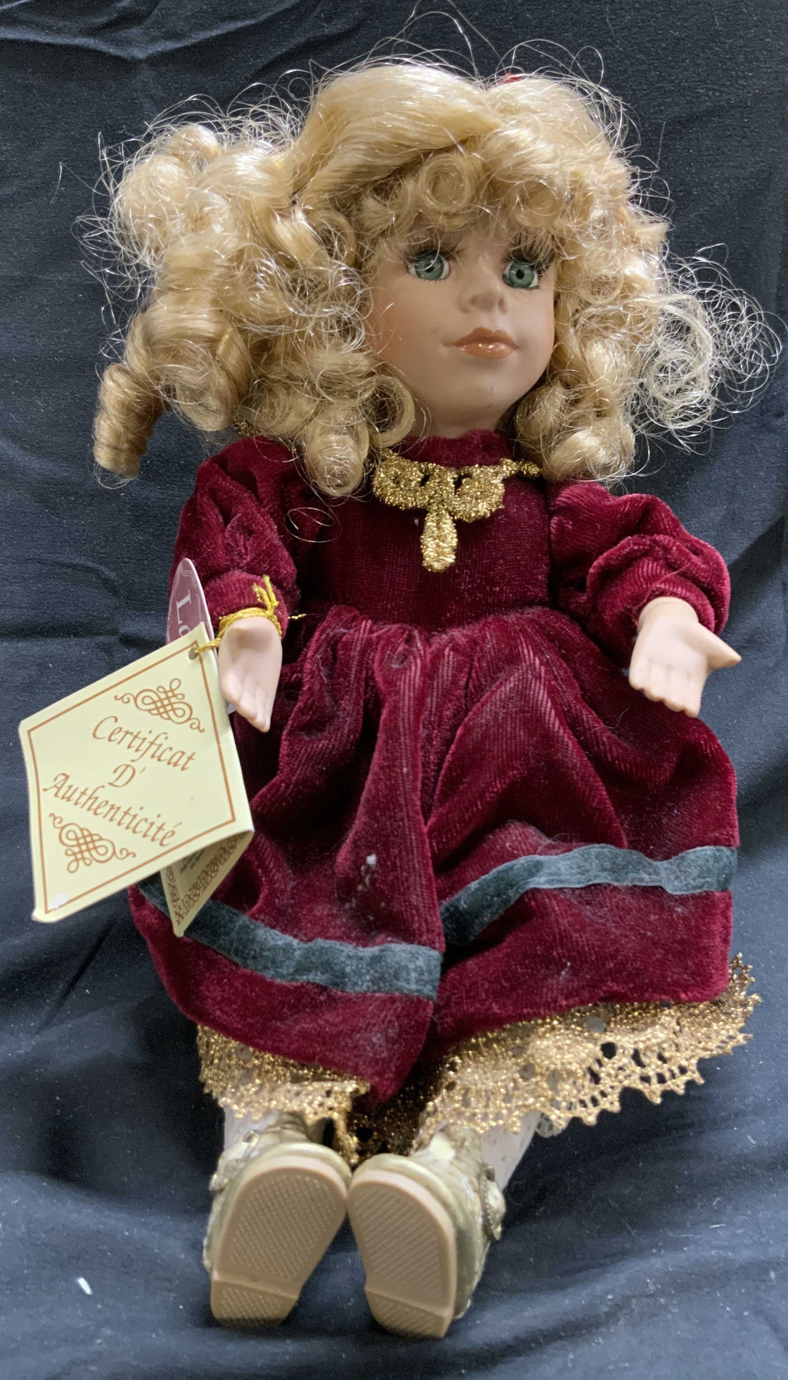 COLLECTORS CHOICE LAUREN Porc Doll Music Box: Tag reads COLLECTORS CHOICE LAUREN. Doll is vintage. Piece has porcelain elements. Depicts a blonde curly haired female figure with cranberry & gold toned dress. Backside of doll has music wind. Piece