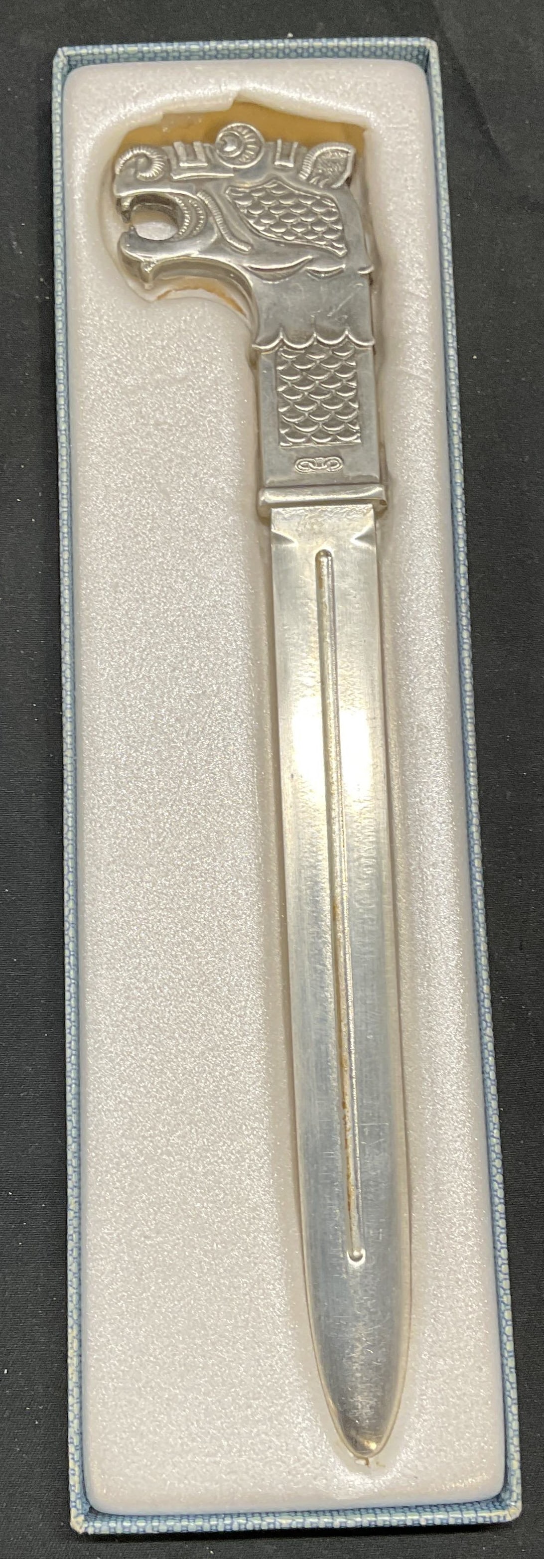 Signed Pewter Horse Head Letter Opener, Norway: Signed pewter horse head motif letter opener. Made in Norway, measures approx 8.25 inches long. Some wear consistent with exposure. Letter opener, horse head letter opener, pewter letter opener, colle