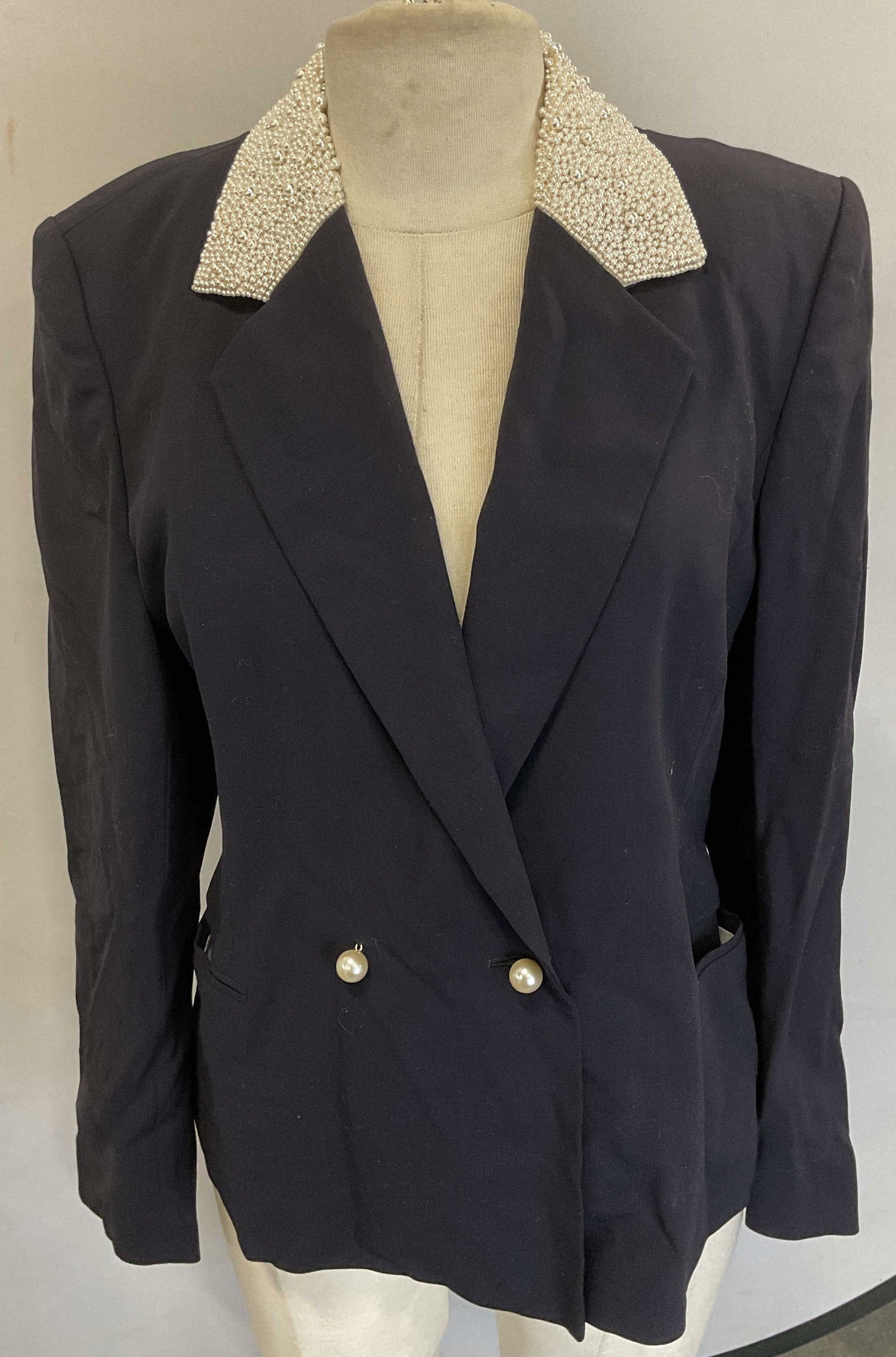 Escada Faux Pearl Black Wool Blazer, Germany: Escada Margaretha Ley black wool blazer with faux pearl beaded collar and buttons. Size 38. Made in Germany. Some wear to material consistent with exposure. Escada, margaretha ley, Escada blazer, desi