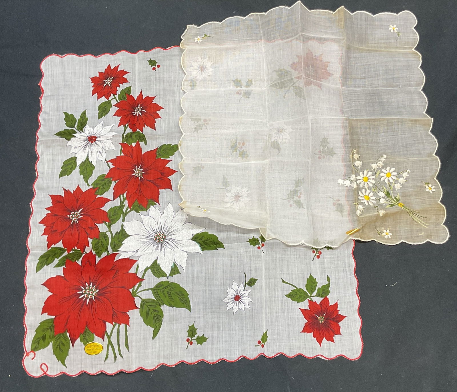 Lot 2 Vintage Cotton Floral Handkerchiefs: Lot of 2 vintage cotton handkerchief with floral print and embroidered decoration. Larger measures approx. 13 inches wide. Both pieces have wear including blemishes observed. Handkerchief, cotton hand