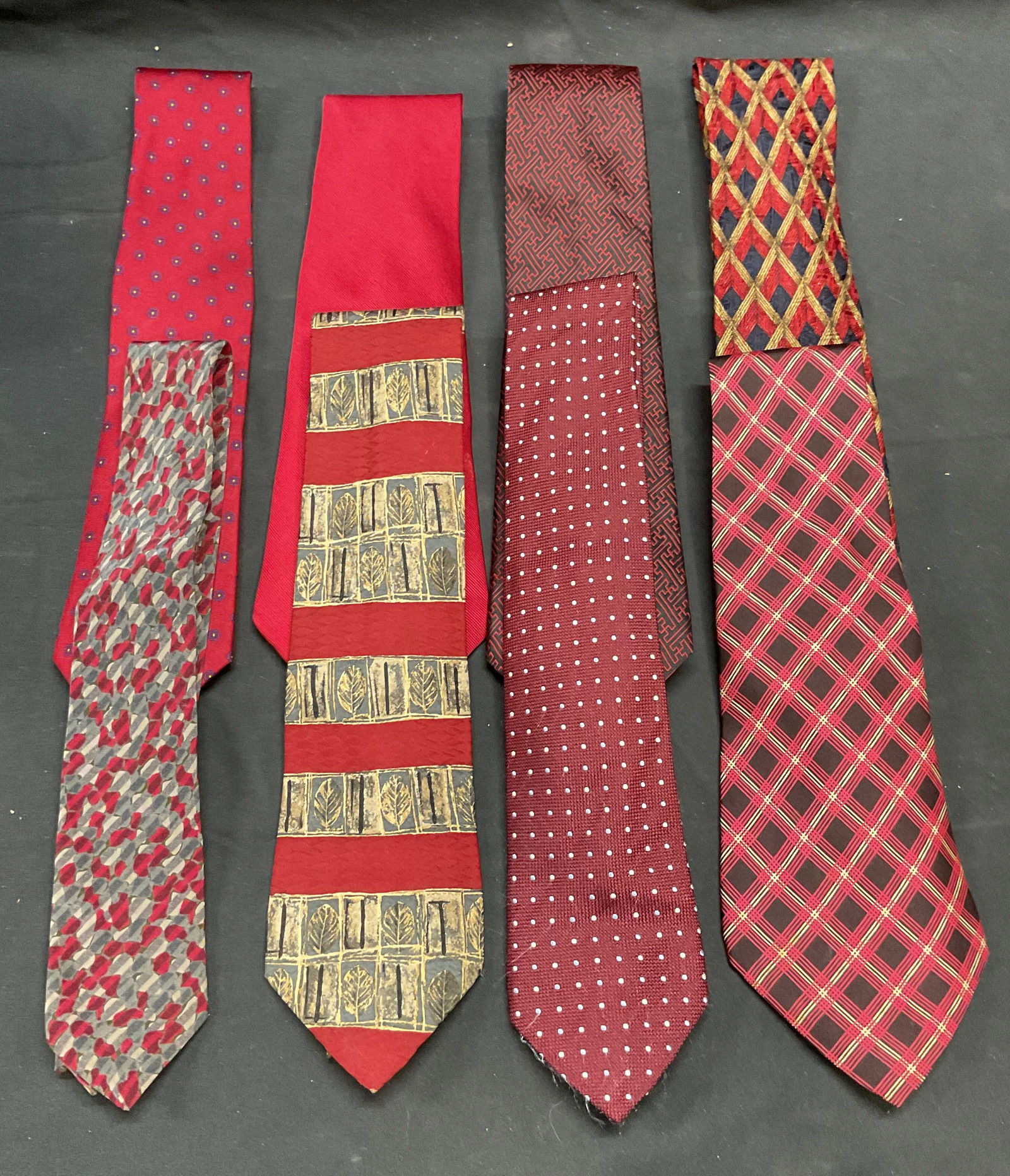 Group Lot Valentino & More Silk Ties, Italy: Group lot of silk ties. Includes Valentino, Fumagallis, Sorelle Fontana, Barneys New York, and more. Red with graphic patterns. Many made in Italy. Valentino tie measures approx 56 inches long. All pi