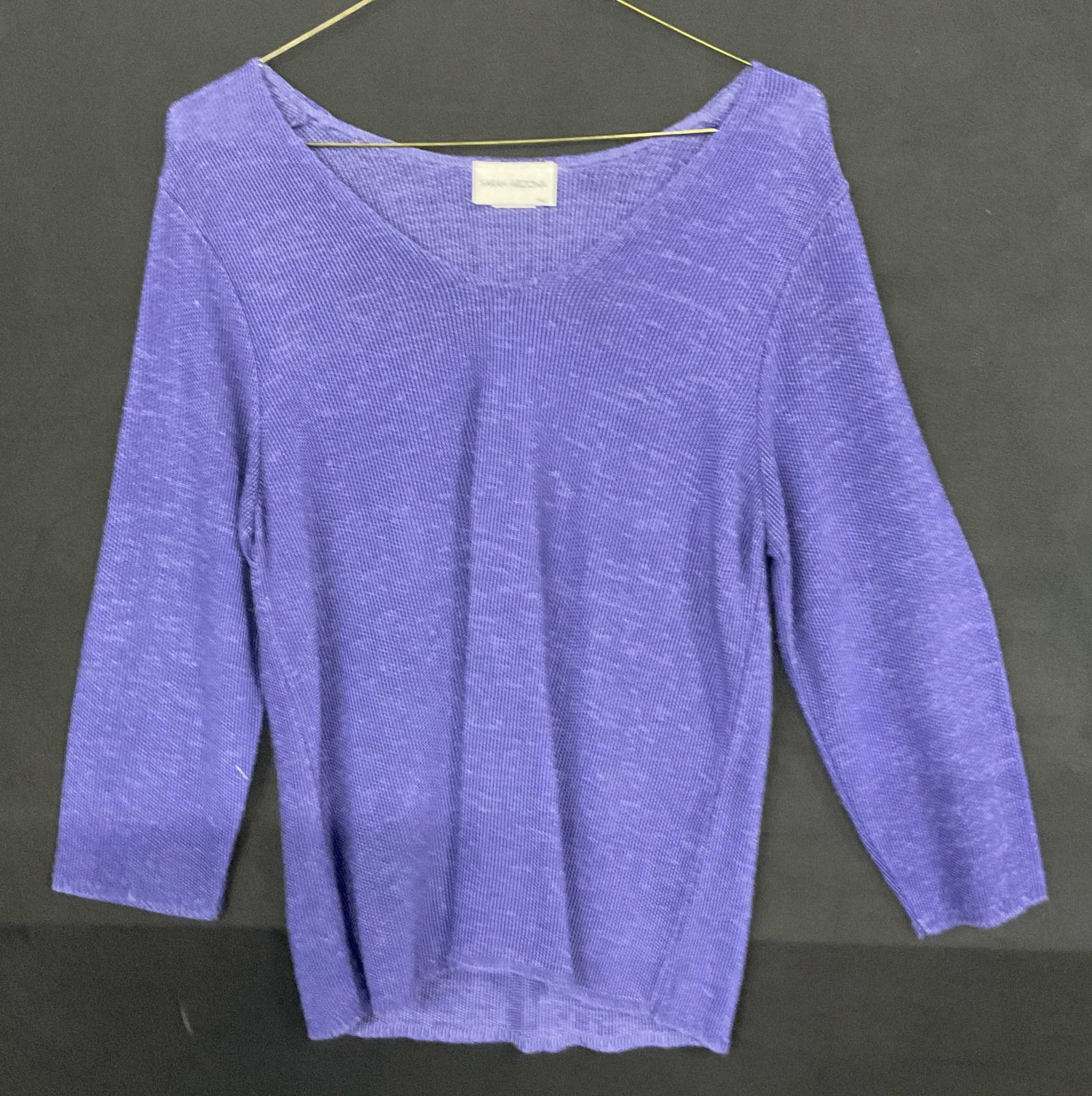SARAH ARIZONA Imported Yarn Sweater, USA: SARAH ARIZONA Imported Yarn Sweater. Blue-purple hued. Tag reads SARAH ARIZONA, S, MADE IN USA OF IMPORTED YARN, 100% RAYON. Measured flat approx. 22 inches in length. Wear consistent with age, use, a