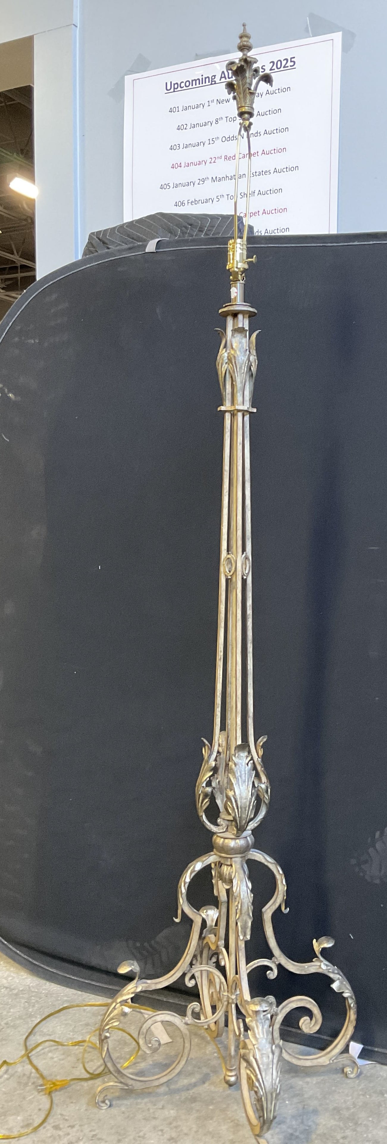 Vintage Metal Scroll & Foliage Motif Floor Lamp: Vintage Metal Scroll & Foliage Motif Floor Lamp. Silver toned. Weighty piece. Corded. Measures approx. 79H x 14W in. Measurement includes harp. Not tested for function. Surface wear, warping, and disc