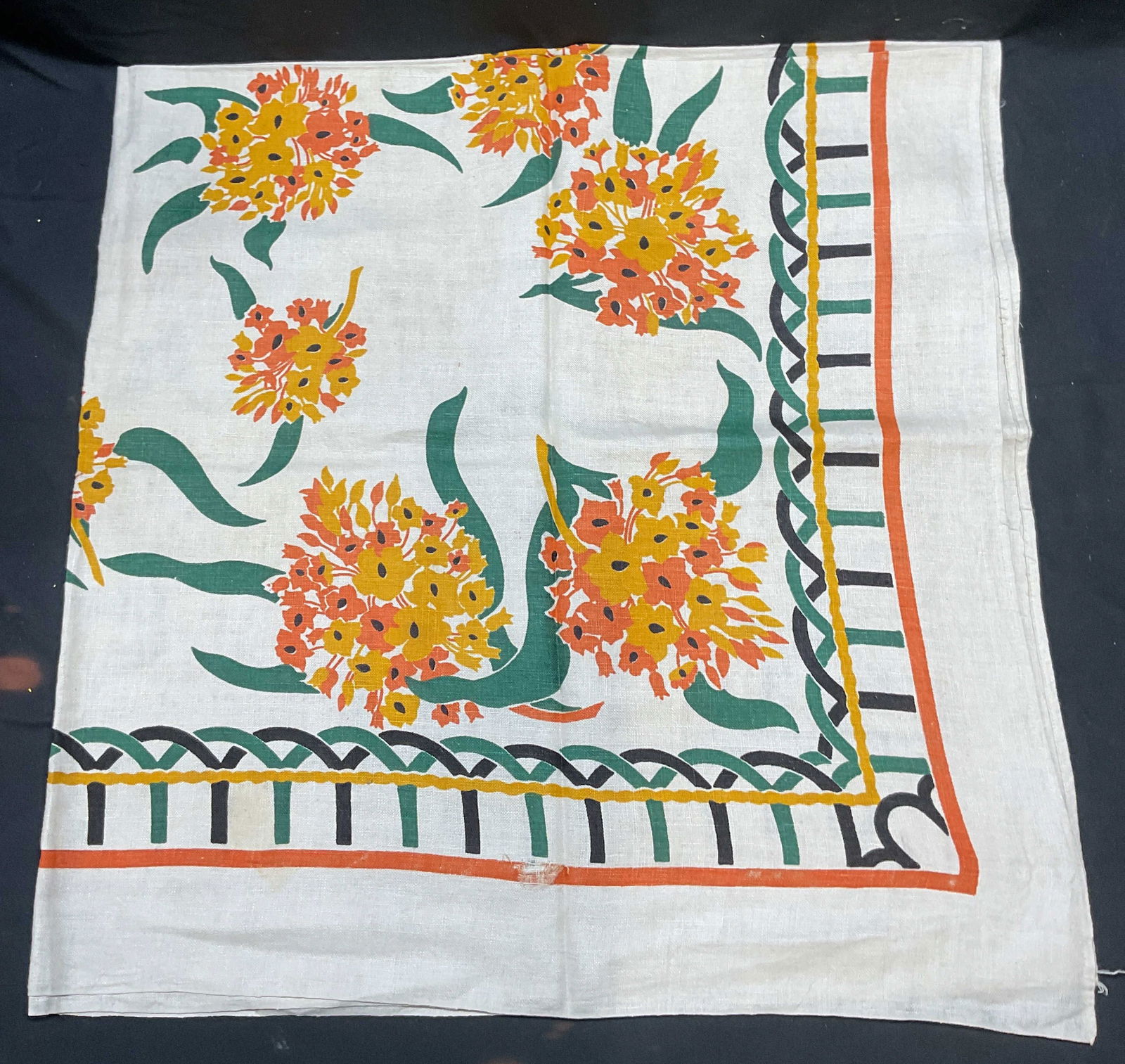 Vintage Orange Floral Print Cotton Tablecloth: Vintage beige tablecloth with orange and green floral print. Feels like cotton. Measures approx 48 x 50 inches. Some wear including holes and blemishes. Tablecloth, vintage tablecloth, beige tableclot