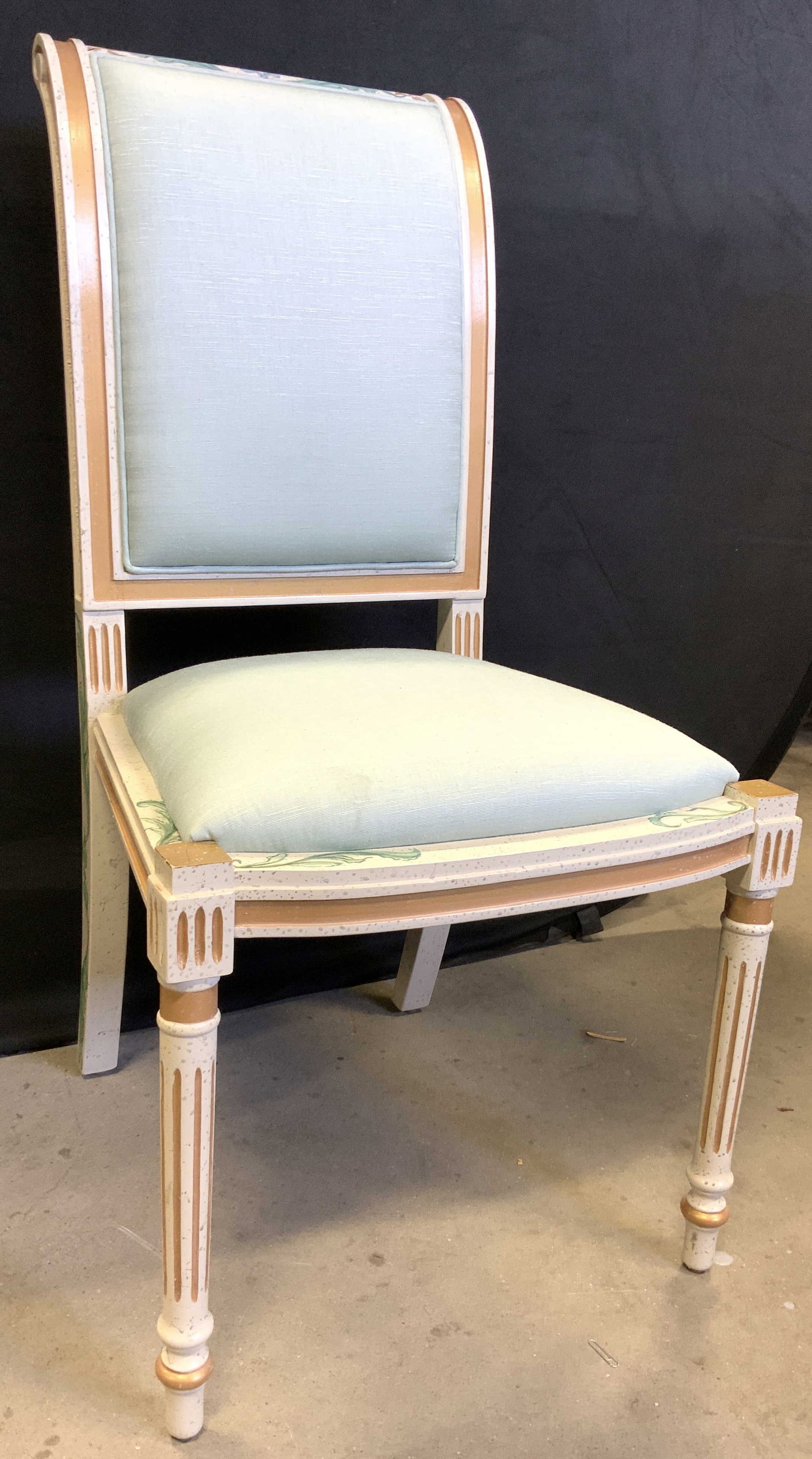 Vntg Painted Side Chair W Gilt Detail: Chair is vintage. Piece has wooden frame. Chair has painted leaf detail to frame. Chair has gilt areas. Chair measures approximately 38 inches tall 24 inches deep 20 inches wide. Side chair, dining ch