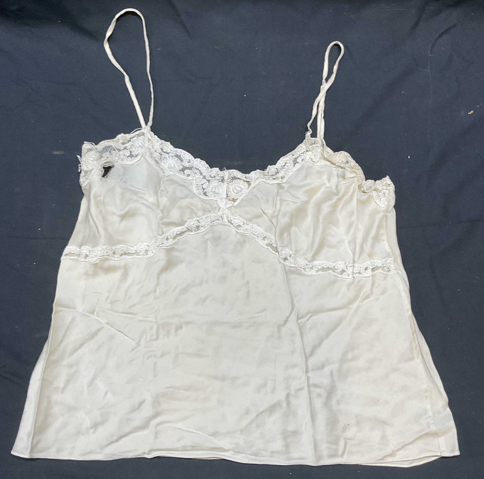 Classiques Entier White Silk Camisole Top: Classiques Entier Intimates white silk camisole top with lace trim. Size medium. Some wear to material including tearing observed. Classiques entire, Classiques entire top, silk top, silk camisole, sl