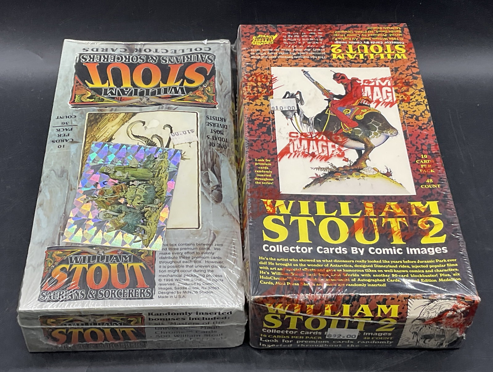 Vntg WILLIAM STOUT NIP Collectible Trading Cards: Vintage WILLIAM STOUT New In Package Collectible Trading Cards. Includes WILLIAM STOUT 2 and WILLIAM STOUT Saurians And Sorcerers. Not examined out of packaging. Larger box measures approx. 10L x 5.25