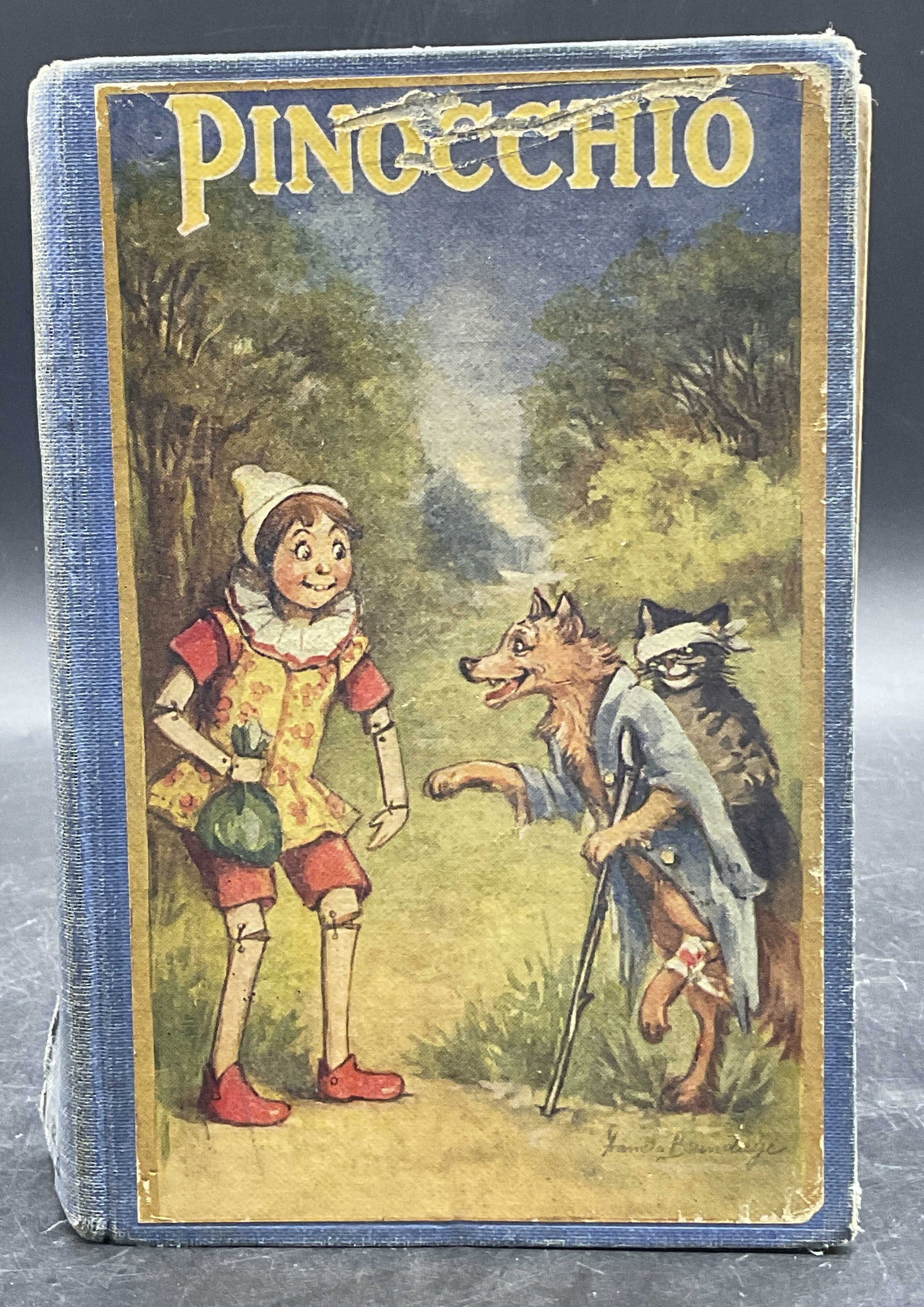 1924 PINOCCHIO by D. Collodi Illustrated Book: PINOCCHIO BY D. COLLODI, Illustrated by FRANCES BRUNDAGE, published by THE SAALFIELD PUBLISHING CO., AKRON, OHIO. Illustrations C. MCMXXIV. Losses to binding, losses to cover, sticker to interior, sur