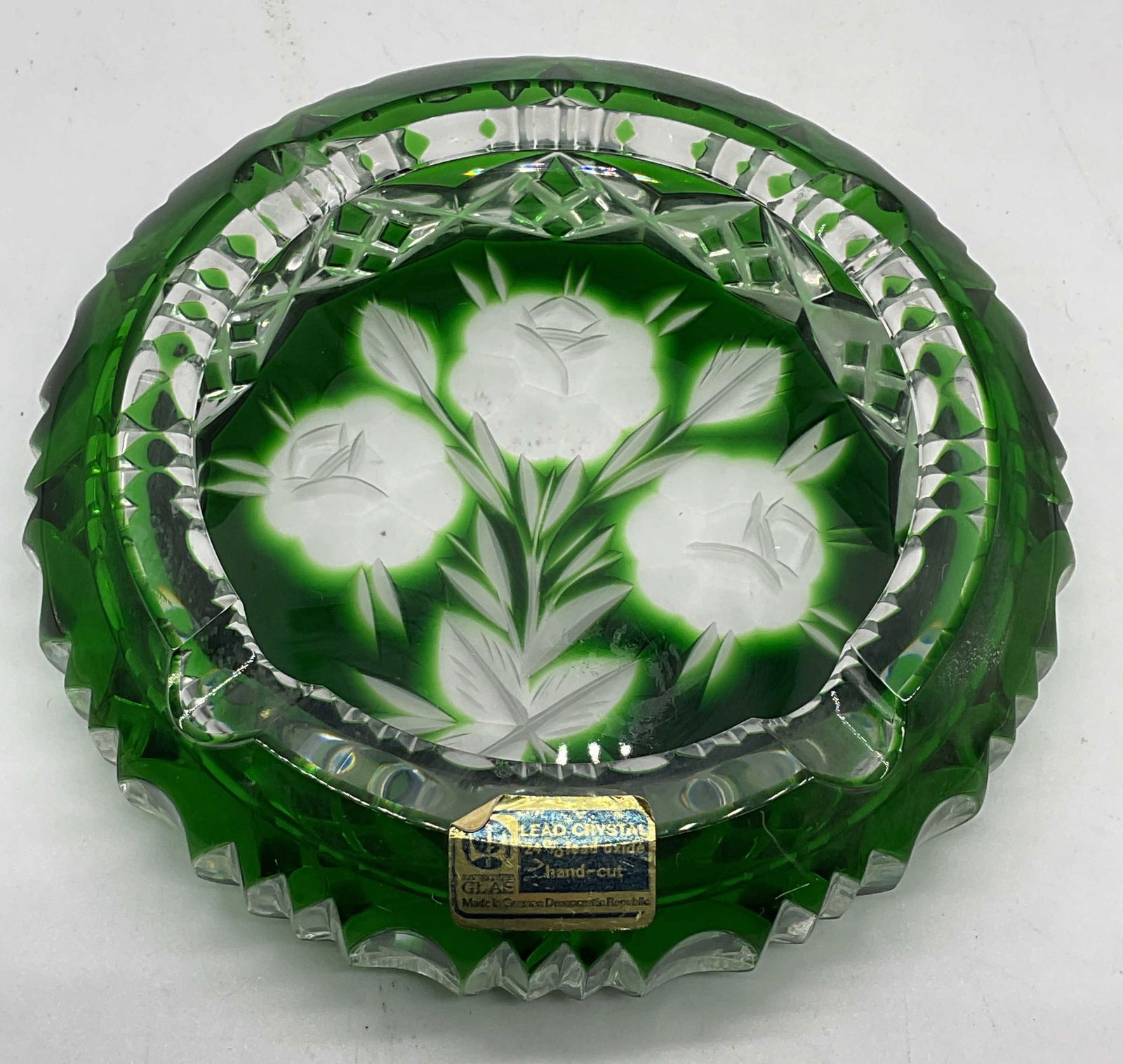 Vtg Signed Green to Clear Cut Crystal Dish, GR (1 of 6)