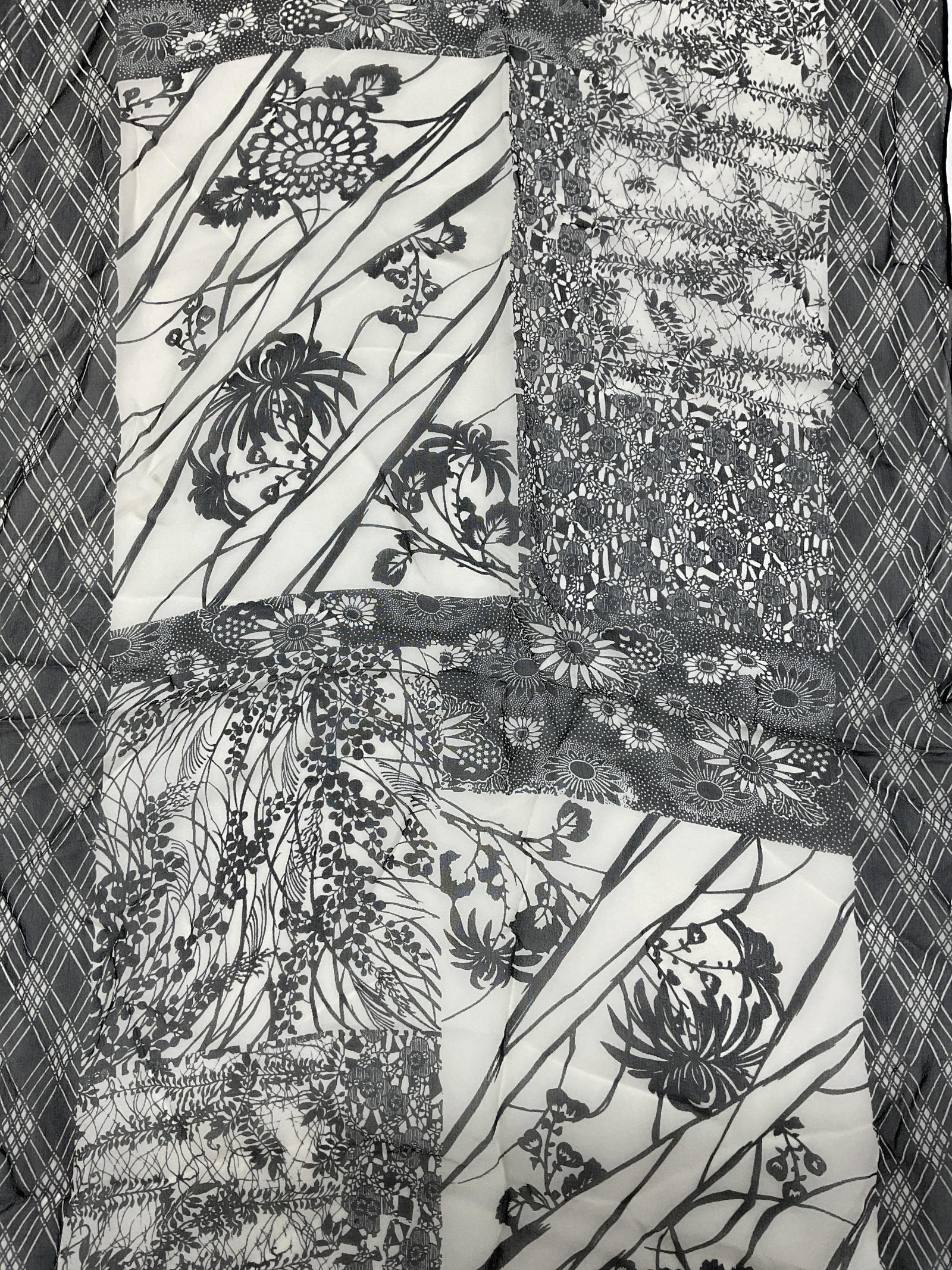 Vintage MMA Japanese Stencil Silk Scarf: Vintage Metropolitan Museum of Art silk scarf. Includes envelope. Black and white with Japanese Stencil design. Measures approx 52 inches long. Some wear consistent with exposure. MMA scarf, metropoli