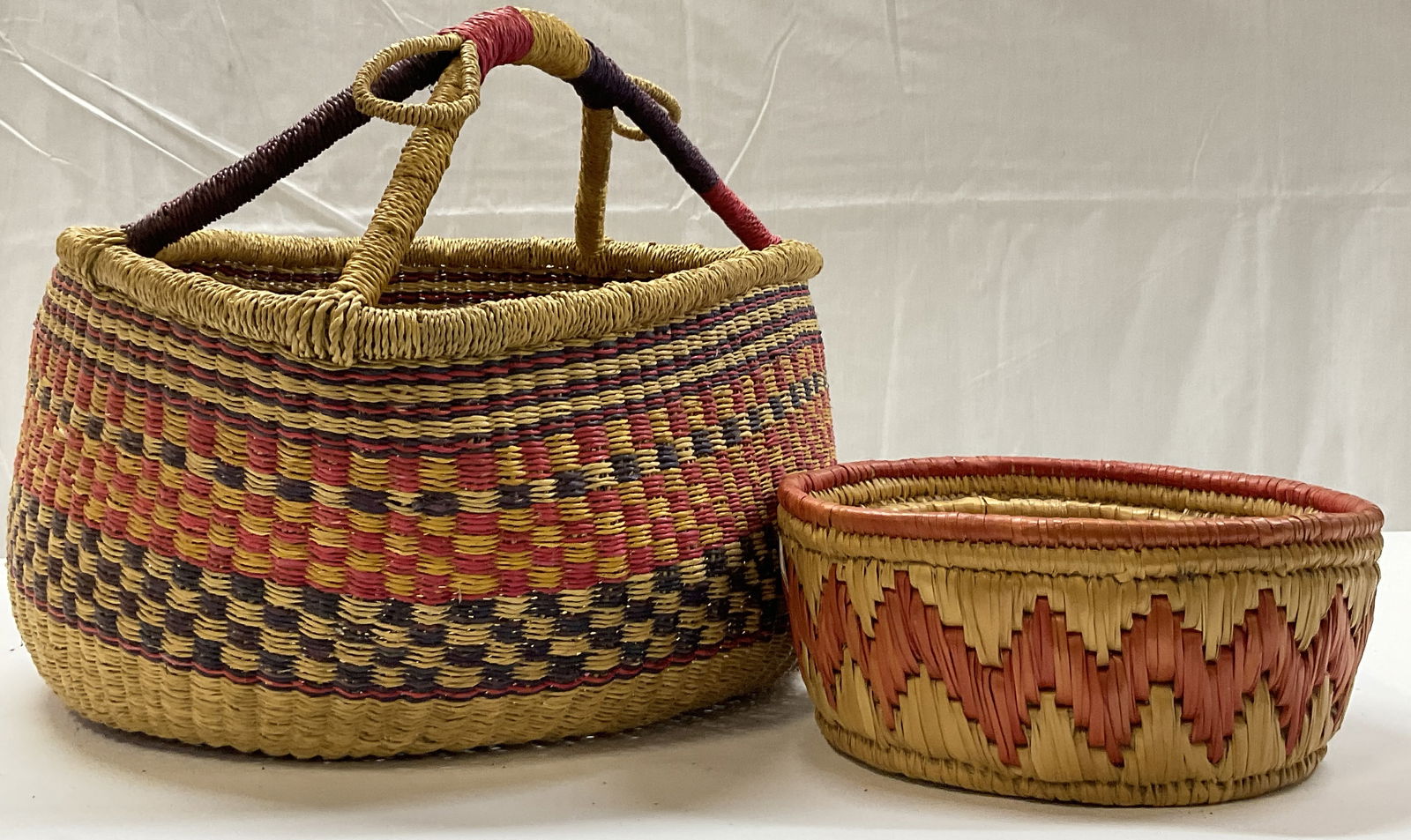Lot 2 Multicolored Woven Baskets, Handled + (1 of 8)