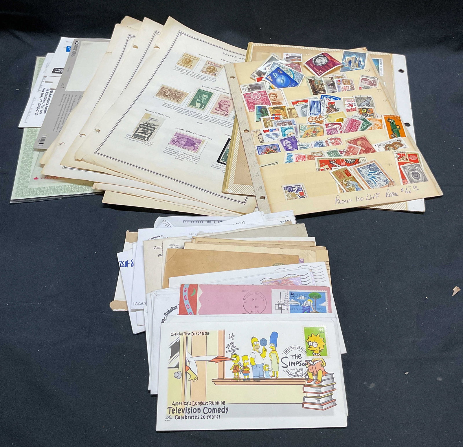 Group Lot Vintage USA & International Stamps: Group lot of vintage USA and international stamps. Stamps from Europe, Asia, Latin America. Largest piece measures approx 11.25 x 9 inches. Pieces not examined individually. All pieces have wear consi