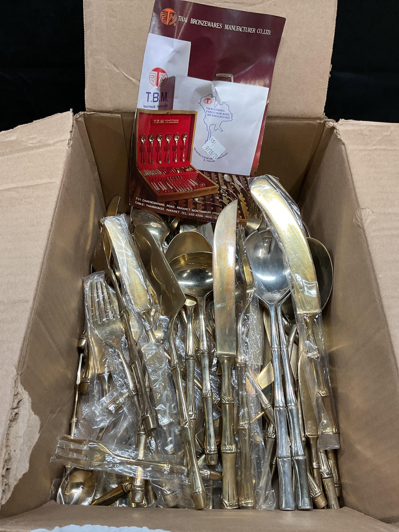 Set 145 Thai Bronzeware Bamboo Flatware NIP: Large set of 145 pieces vintage Thai Bronzewares Manufacturers nickel bronze bamboo motif handle flatware. All pieces trademarked. Many butter knives and bar spoons new in sealed packages. Set include