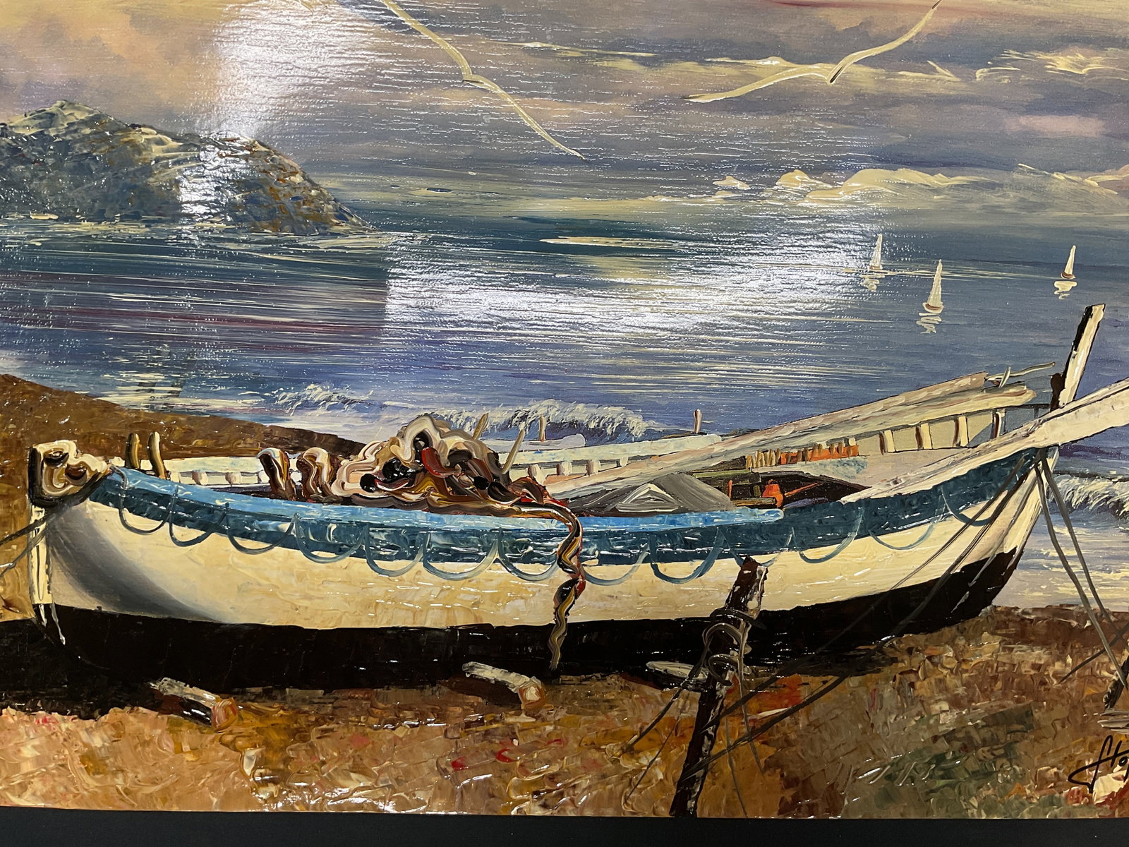 Signed Mixed Media Boat Seascape Painting: Signed mixed media work on paper. Painting over print. Signed on lower right. Boat with seagulls and beachfront seascape. Measures approx. 19.5 x 27.5 inches. Wear including blemishes, corner, and edg