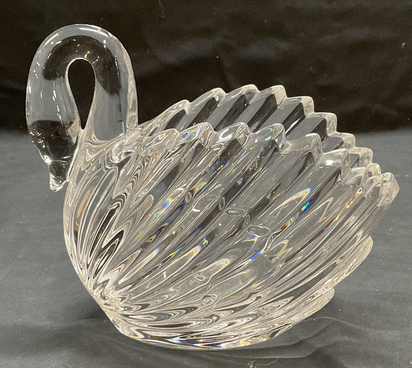 Crystal Swan Bowl Vessel: Crystal swan motif bowl or vessel. Measures approx. 7 x 3.75 x 6 inches. Some scratching and chipping observed. Crystal, swan, swan bowl, swan vessel, crystal bowl, crystal vessel, home decor, home ac