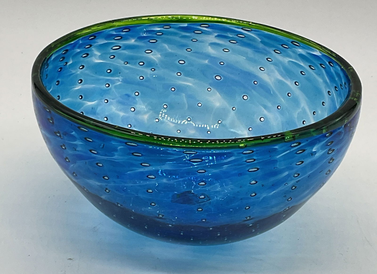 Signed Tundra Glass Art Glass Bowl, Blue Rim, Controlled Bubbles