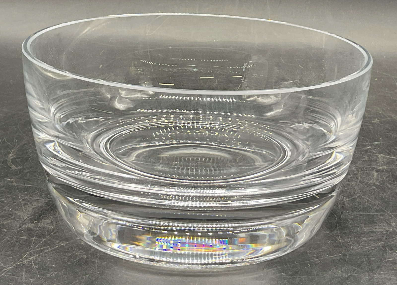 Clear Art Glass Bowl: Clear Art Glass Bowl. Thick walled and weighty. Circular form. Measures approx. 3H x 6W in. Surface wear consistent with age, use, and exposure. home decor, home accents, homewares, housewares, home a