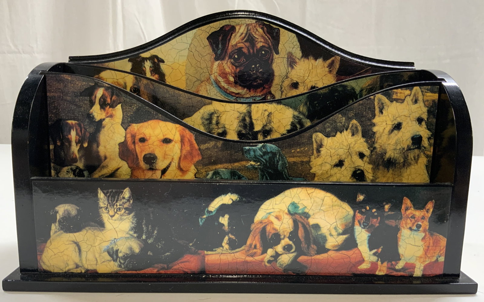 CLAIRE GUEST Decoupage Letter Organizer W Dogs: Lower right side is trademarked CLAIR GUEST. Piece is black toned, with decoupage dog detail. Letter organizer has 3 areas. Piece measures approximately 10 inches wide 6.5 inches tall 4 inches deep. L