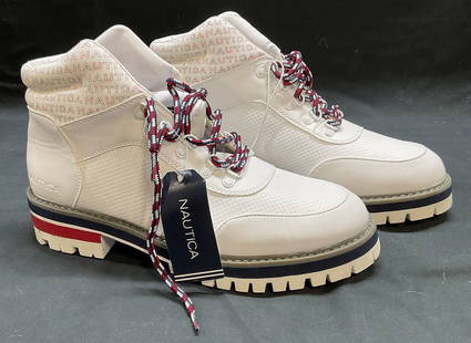 Nautica Frannie White Boots NWT: Nautica Frannie boots in white. New with tag. Size 9. Synthetic material. Some blemishes consistent with exposure. Nautica, Nautica shoes, Nautica boots, designer shoes, designer boots, ladies shoes,