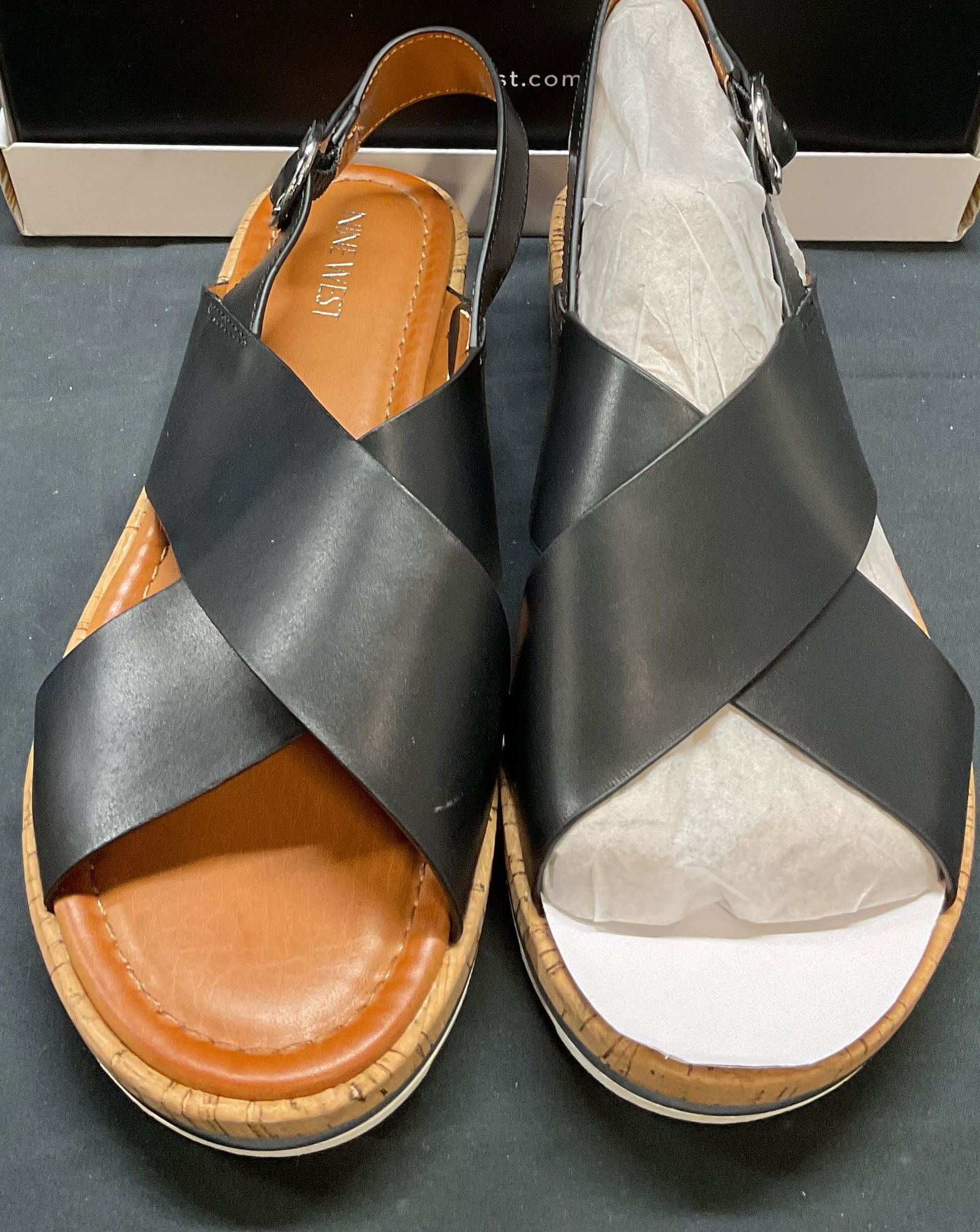 Nine West Black Wedge Sandals NIB: Nine West black faux leather and cork style wedge sandals. Size 9. New in box. Some blemishes consistent with exposure. Nine West, Nine West sandals, ladies designer sandals, ladies designer shoes, la