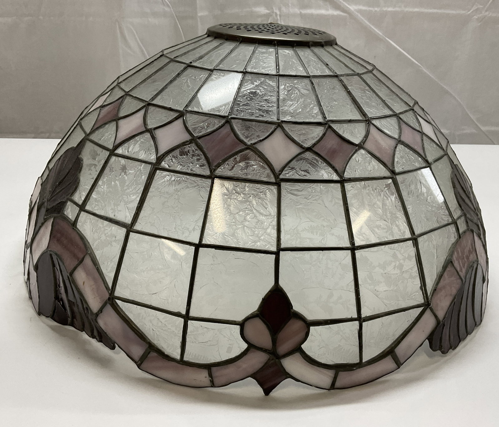 Vintage Slag Glass Stained Glass Lampshade: Vintage Slag Glass Stained Glass Lampshade. Clear, purple, and pink hues throughout. 9H x 19.25W in. Cracking, chipping, warping, and losses present. home decor, home accents, homewares, housewares, h