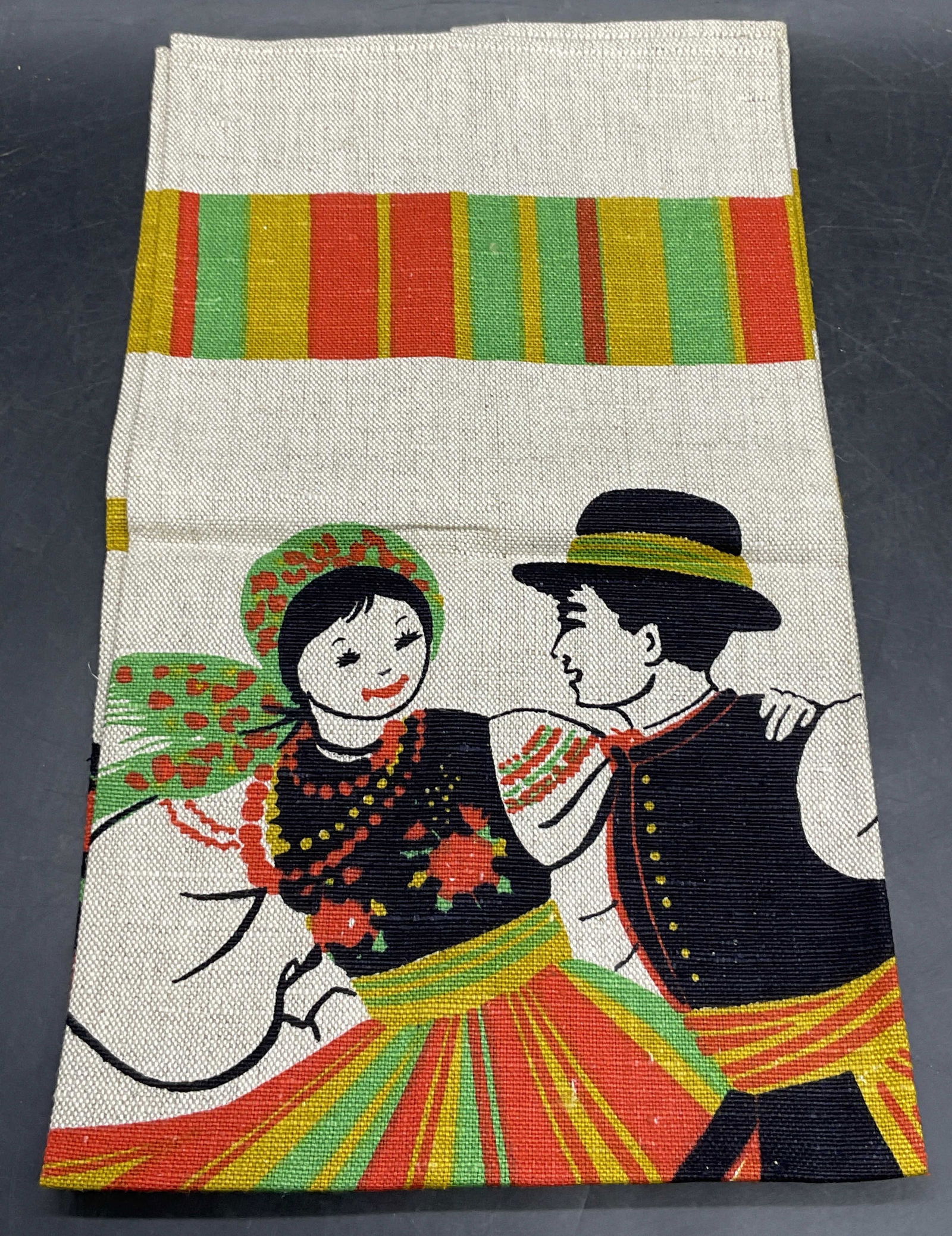 POLISH TOWEL Folk Dance Hand Towel: POLISH TOWEL Folk Dance Hand Towel. Two Figurals dancing. Base reads POLISH TOWEL. Measures 27.5L x 15W in. No material tag, possibly linen. Surface wear consistent with age, use, and exposure. home d