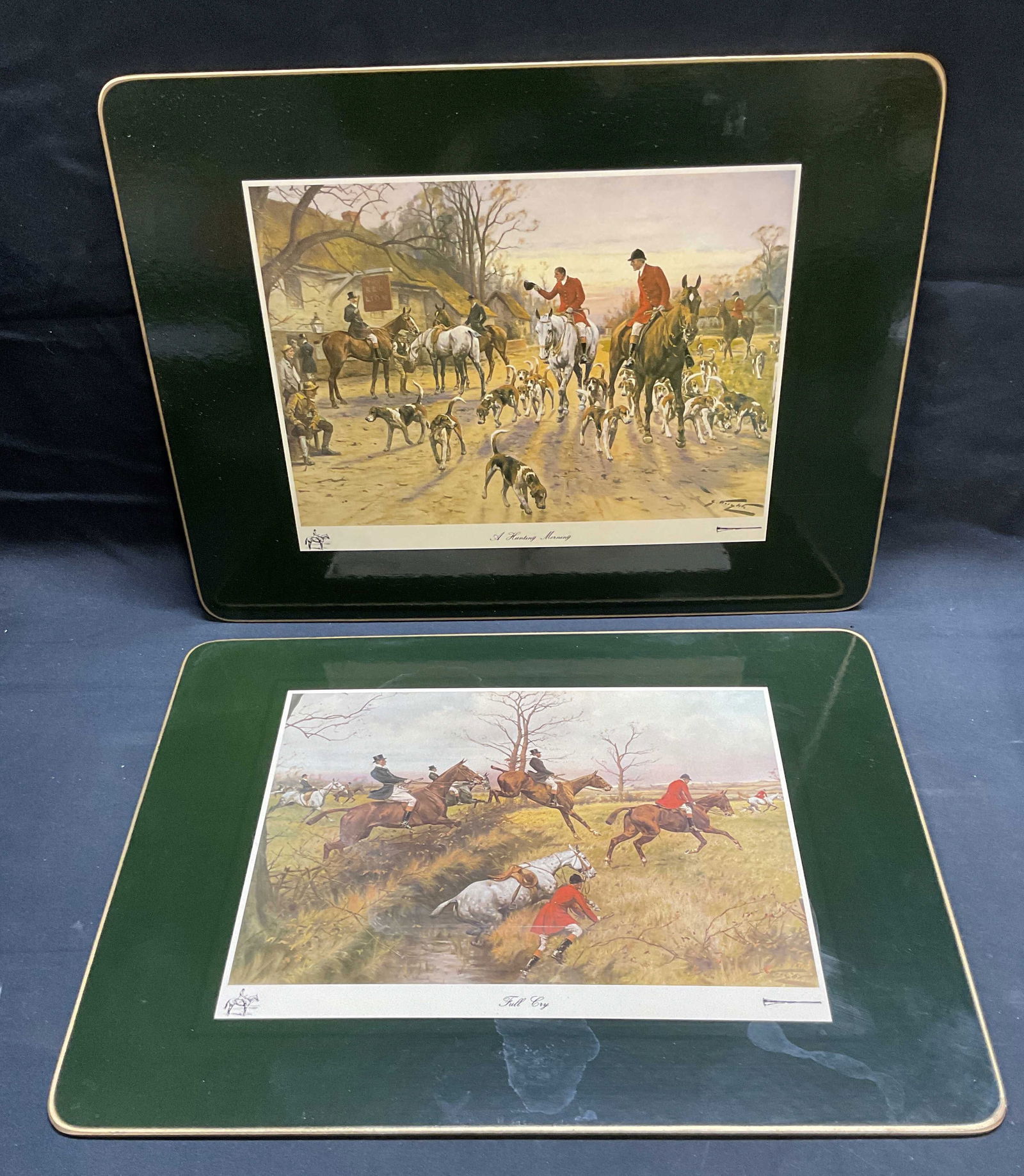 Pair Cloverleaf Hunt Scene Table Mats, England (1 of 8)