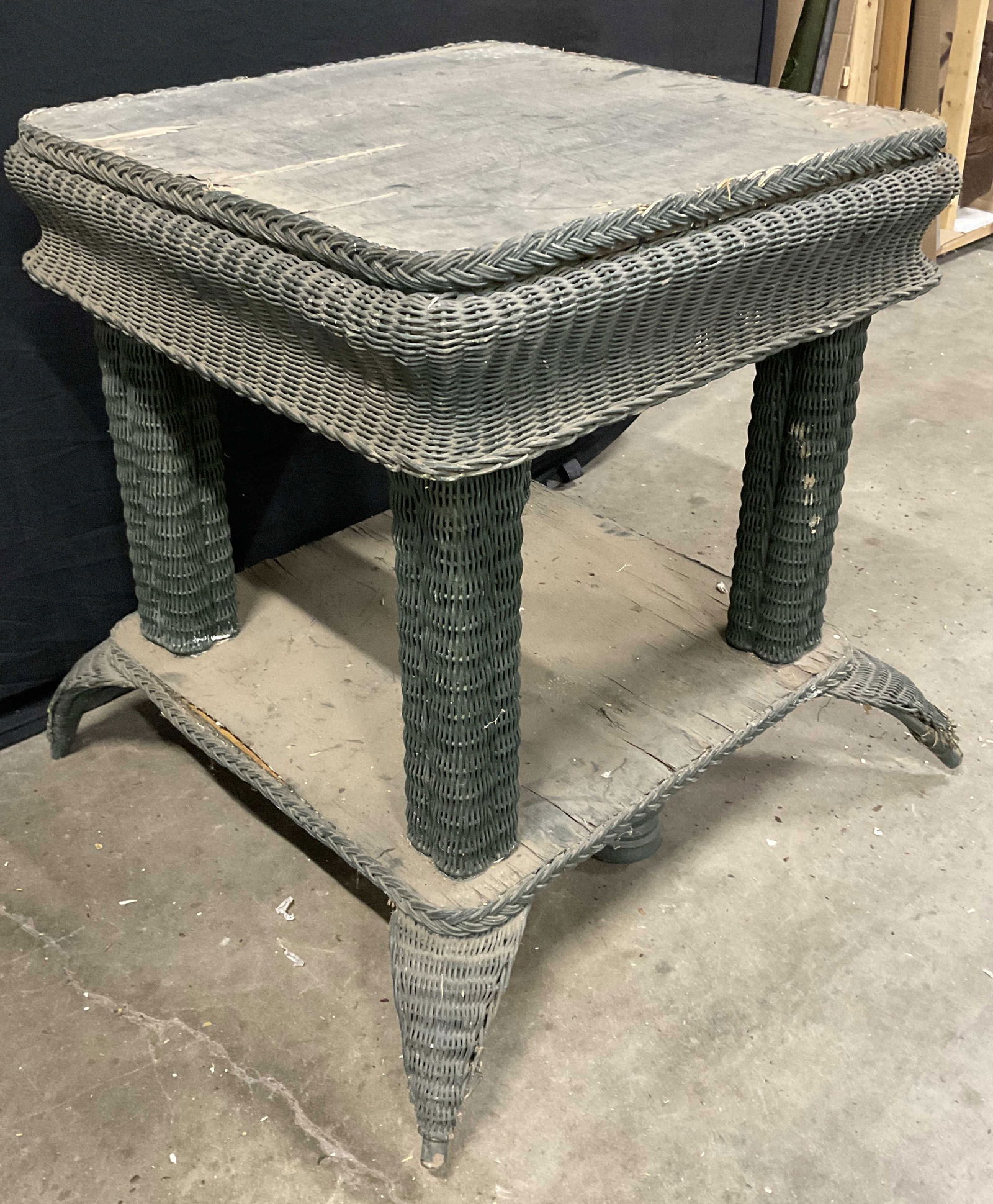 Vintage Green Woven Wicker & Wood Table (1 of 9)