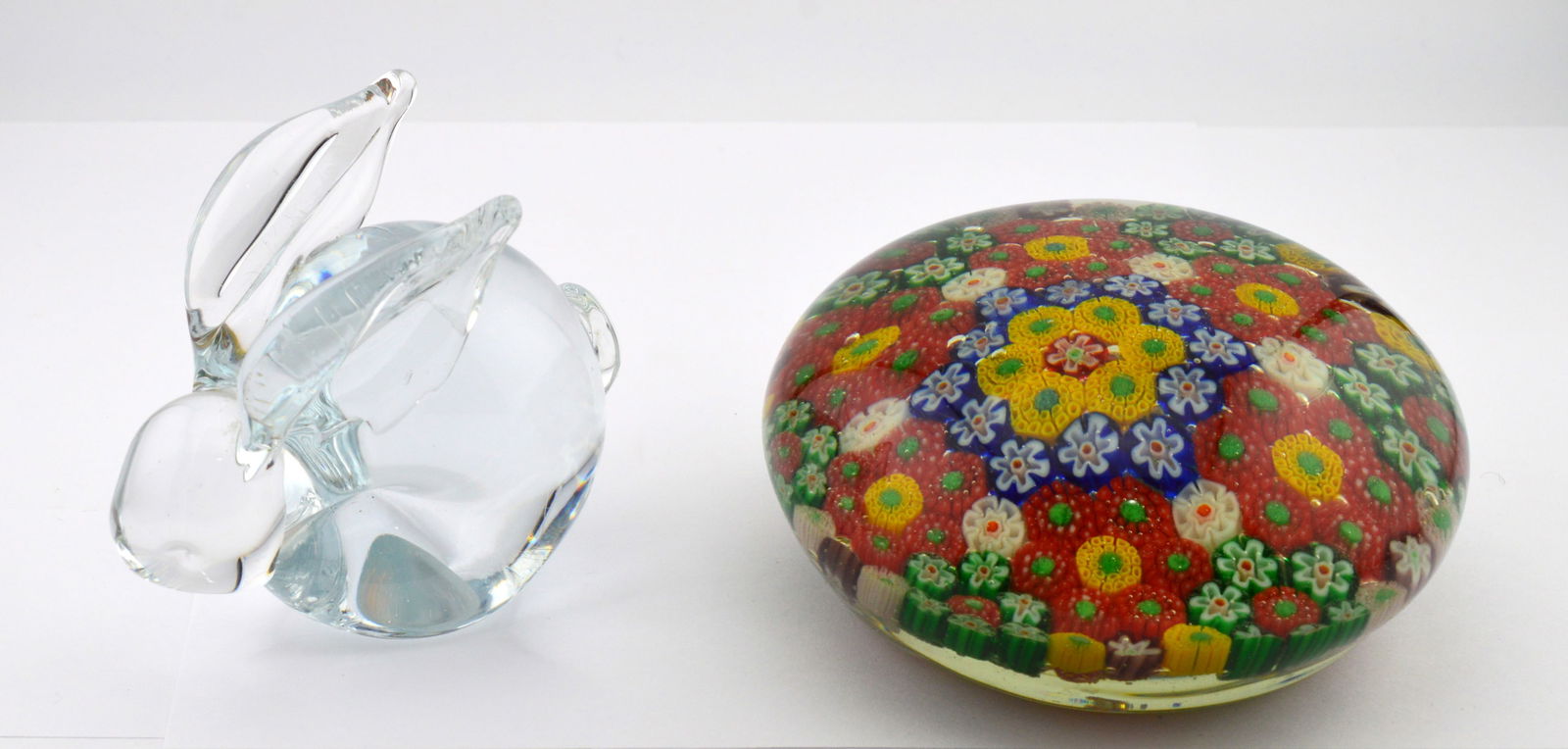 Glass Millefiori & Rabbit Table Ornaments: Solid glass bunny rabbit measures 3in high and 3.5in long. The Millefiori paperweight is 6.5in in diameter.PreownedBS10S