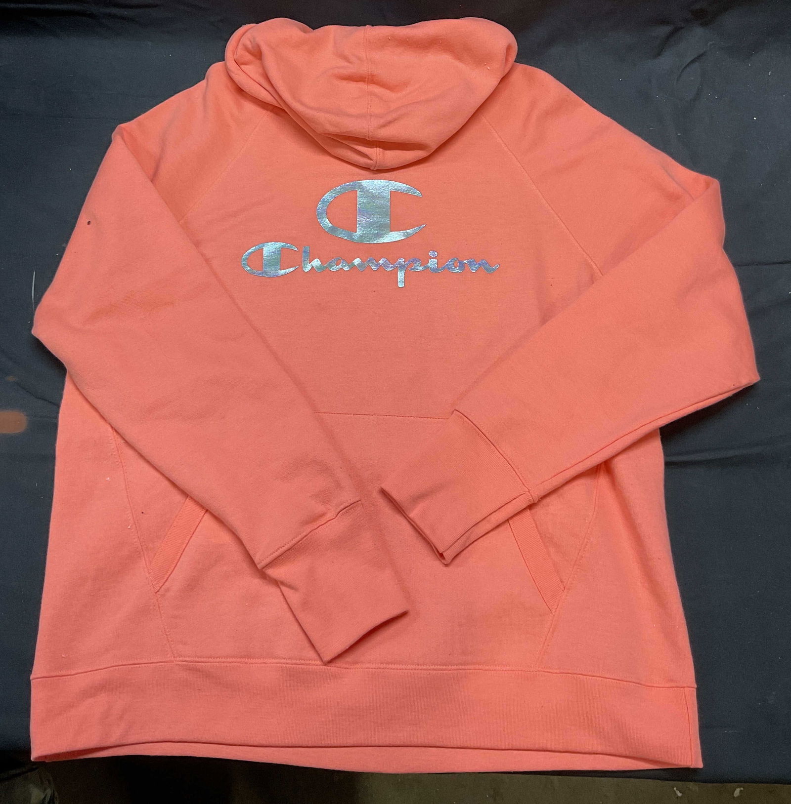 Champion Pink Logo Hoodie Sweatshirt: Champion pink hoodie sweatshirt with logo. Size xl. Polyester and cotton. Some pilling and blemishes. Champion, champion sweatshirt, champion hoodies, ladies pink sweatshirt, ladies pink hoodie, ladie