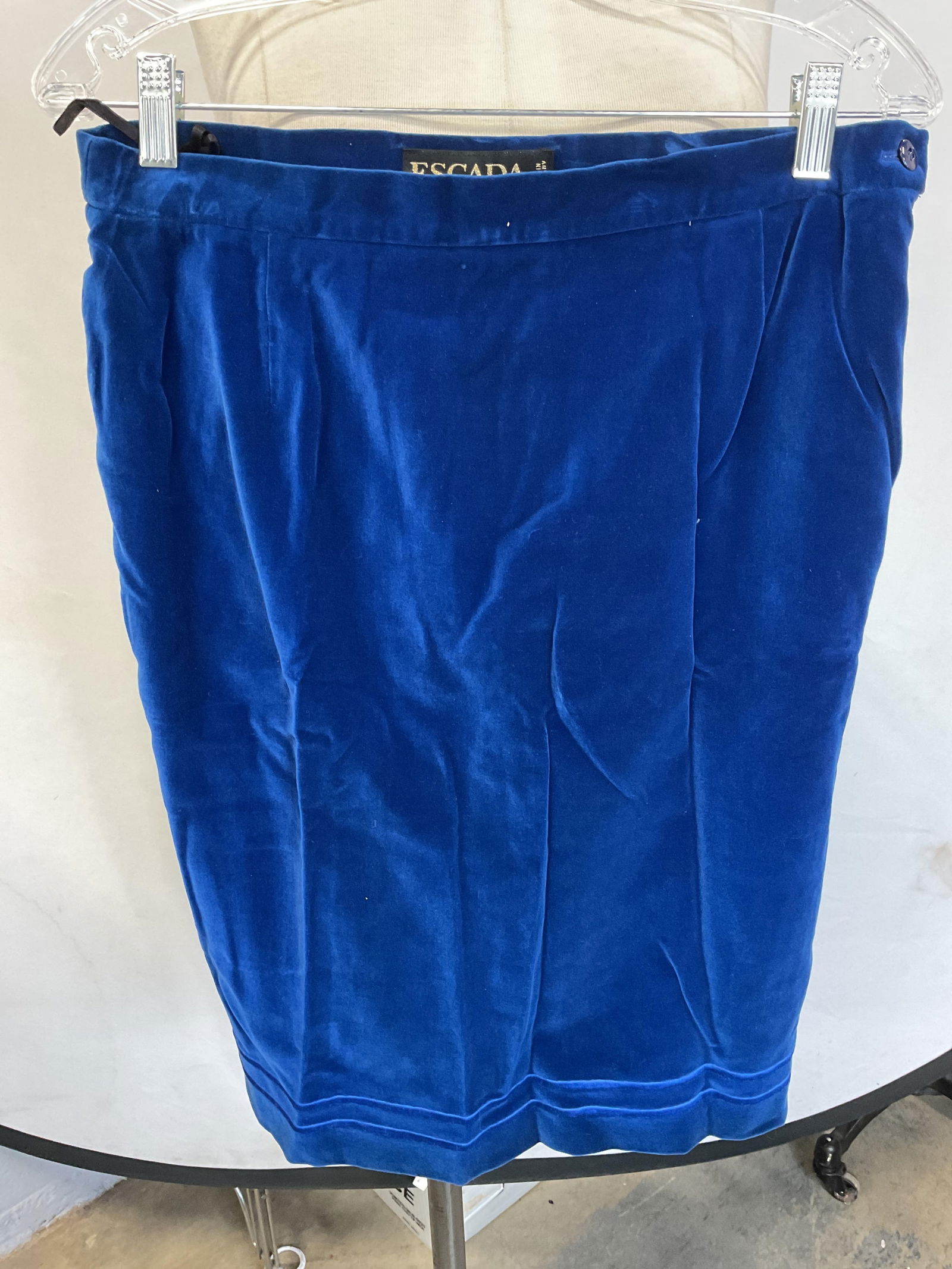 Escada Blue Velvet Cotton Skirt, Germany: Escada blue velvet skirt. Size 40. Made in Germany. Cotton. Fully lined. Some wear to material consistent with exposure. Escada, Escada skirt, designer skirt, designer fashion, blue skirt, velvet skir