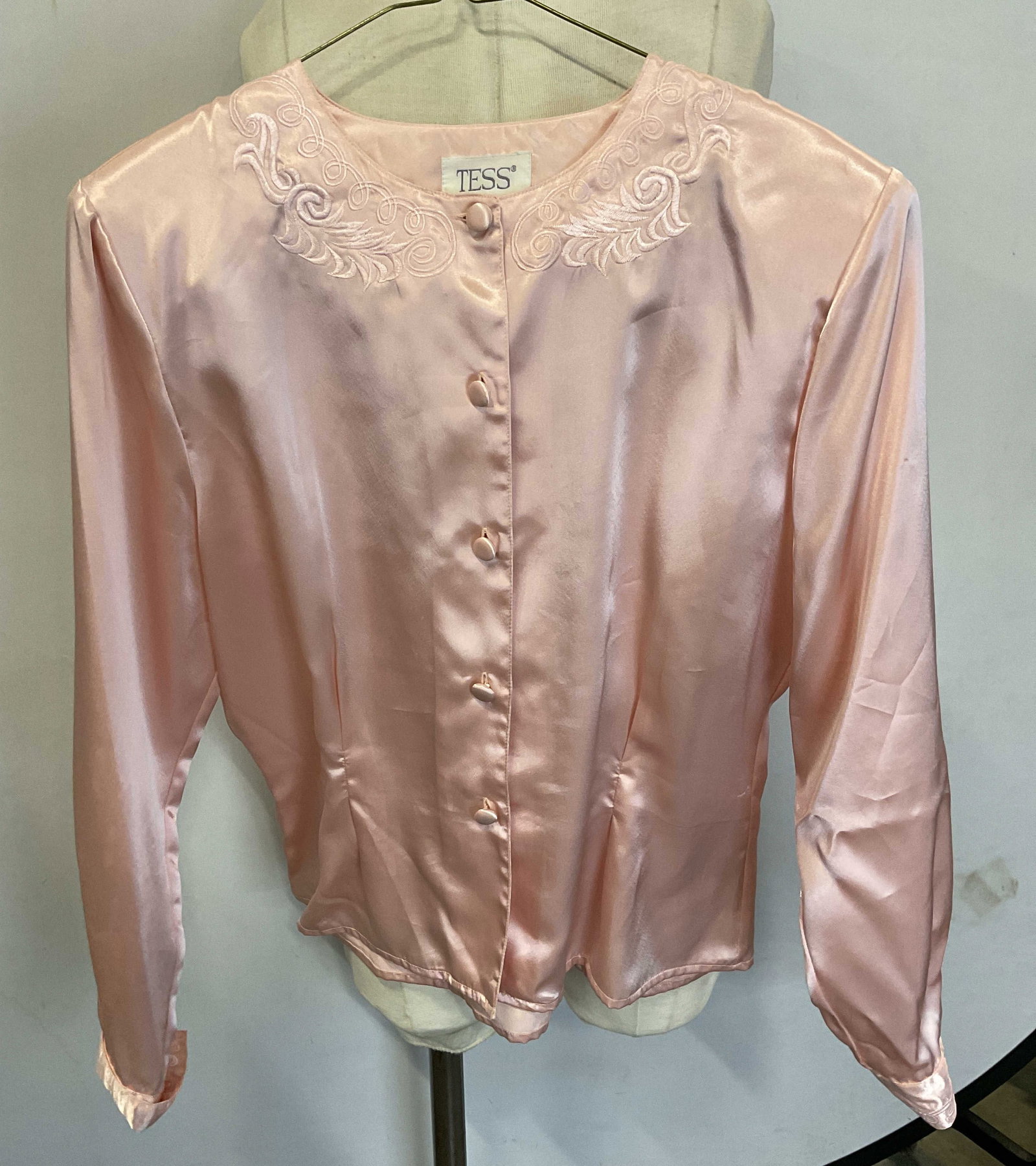 Tess Pink Satin Button Up Sleepwear Top: Tess pink satin button up top with embroidered detail. Size 10. Polyester. Some wear to material including small blemishes observed. Tess top, Tess sleep top, ladies sleepwear, vintage sleepwear, ladi