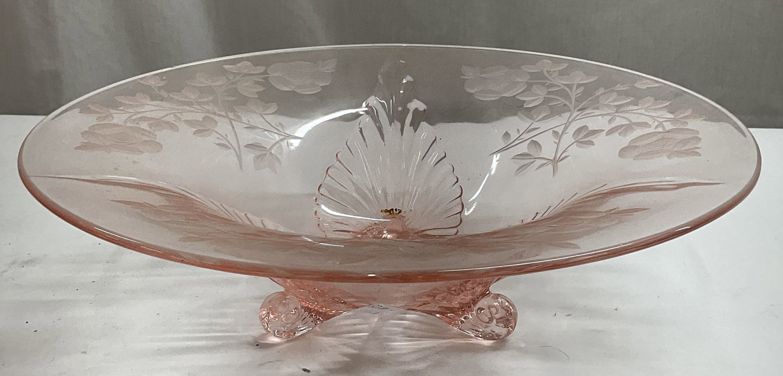 Vintage Pink Depression Glass Footed Bowl: Vintage pink depression glass footed bowl with floral design. Measures approx 12 x 3.72 inches. Some wear including scratching observed. Depression glass, depression glass bowl, pink bowl, floral bowl