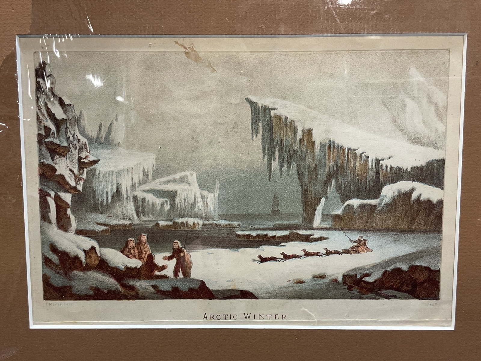 Antique Arctic Winter Expedition Lithograph: Antique lithograph on paper. Matted print. Titled Arctic Winter. Possibly publisher or artist information printed along lower edge, partially legible, see photographs. Group of men with sled dogs in m