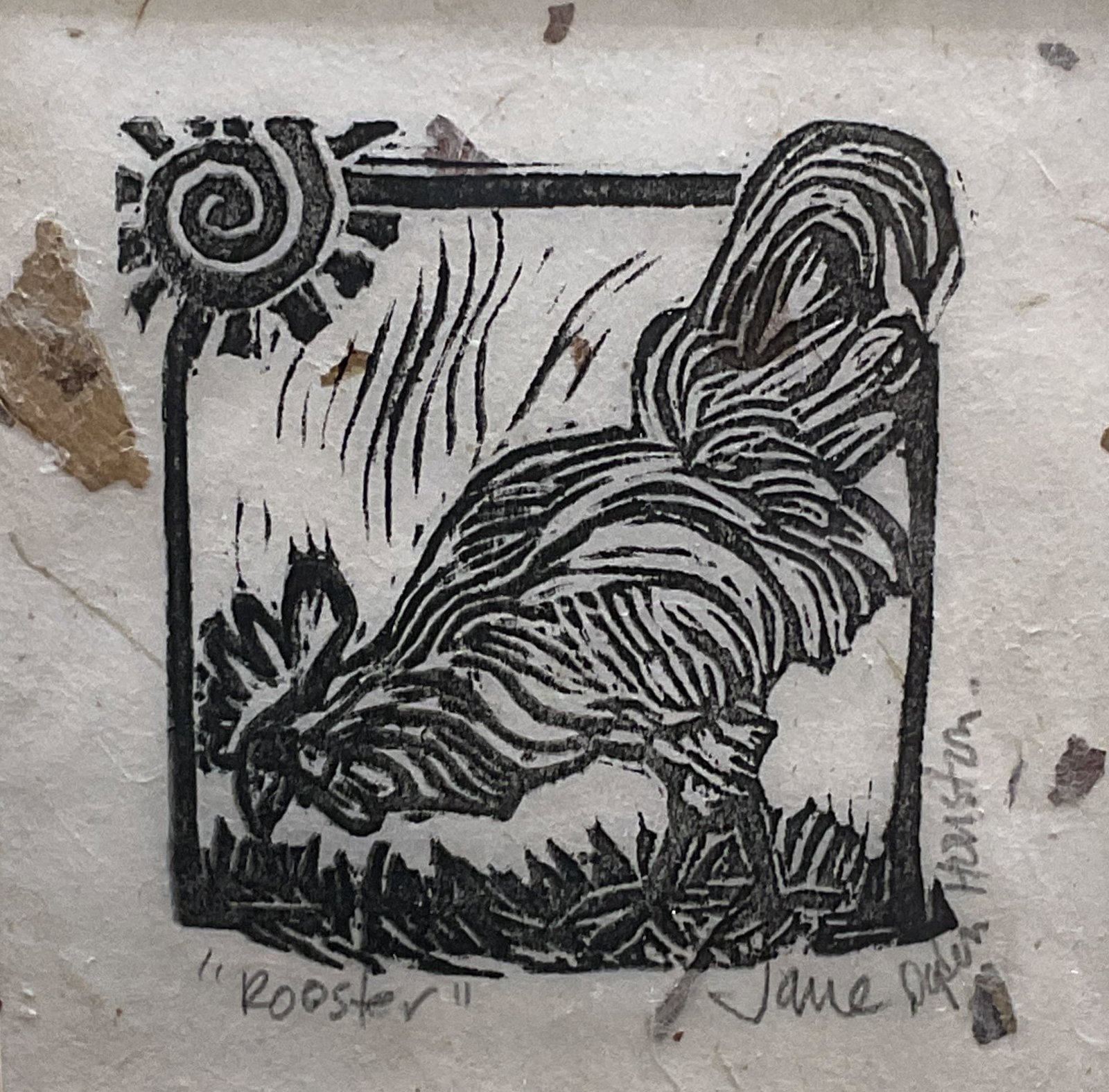 Sgn Jane Ogden Houston Rooster Woodblock Print: Framed and signed Jane Ogden Houston woodblock print. Titled rooster. Image of rooster in black on white paper. Handmade paper. Signed on lower right. Framed in black wood frame under mat. Not examine