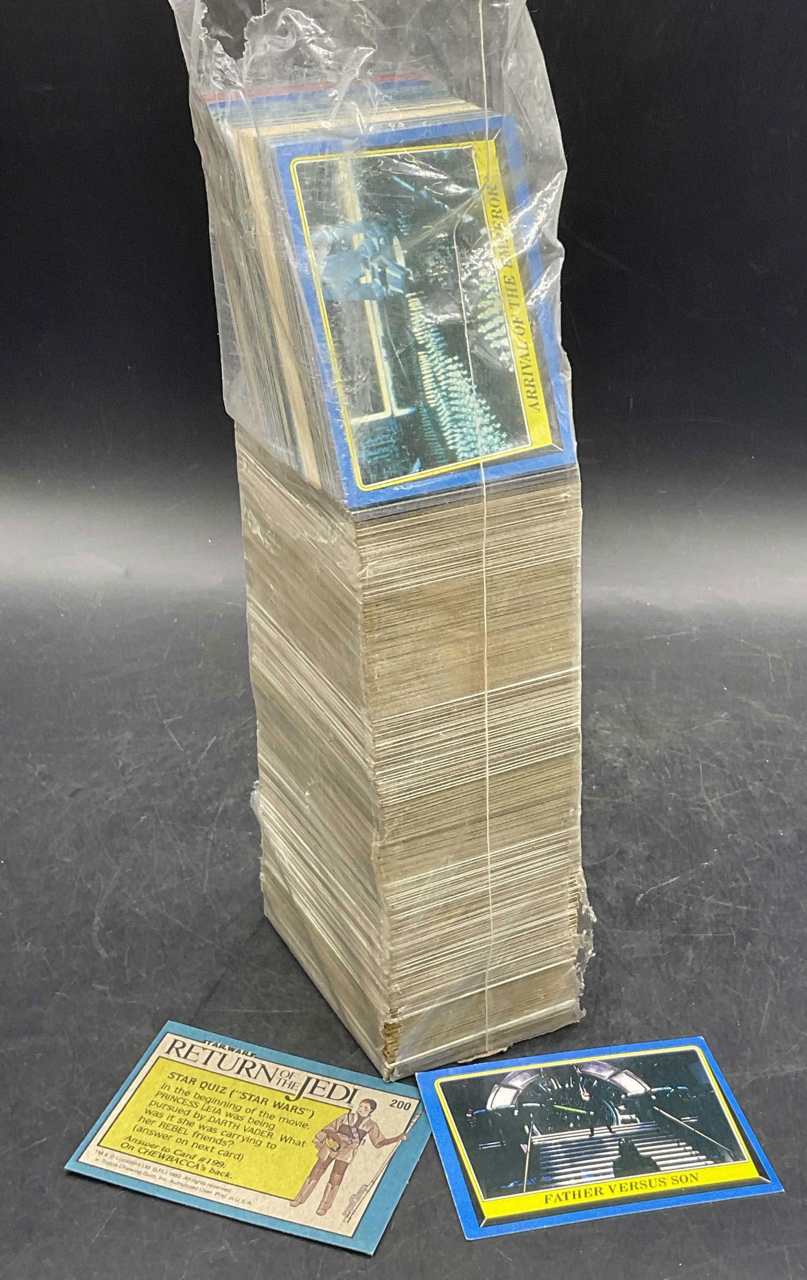 Grp 1983 TOPPS RETURN OF THE JEDI Vintage Cards: Unexamined group lot of TOPPS CHEWING GUM RETURN OF THE JEDI Vintage Cards. Comes in a plastic sleeve. Back of card pictured reads RETURN OF THE JEDI, C. Lucasfilm Ltd (LFL) 1983, Topps Chewing Gum, I