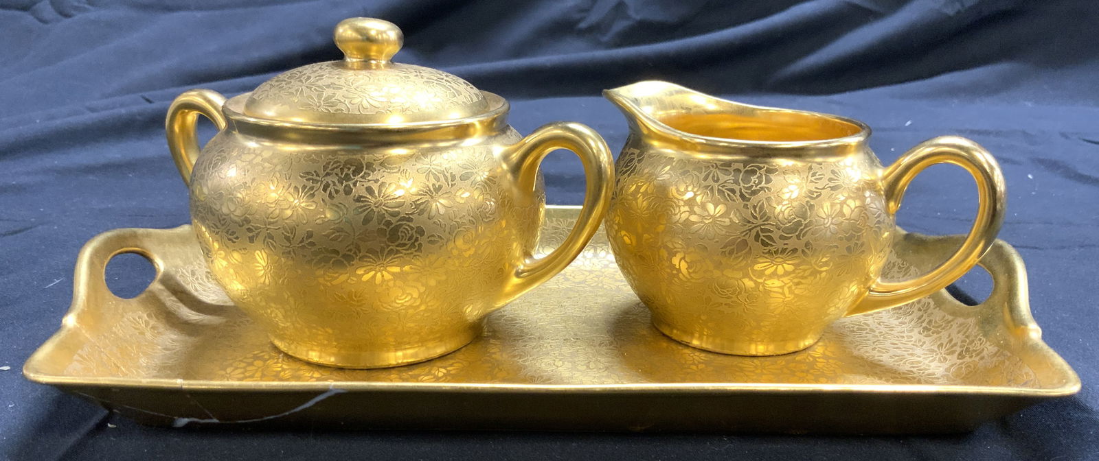 PICKARD Set 3 Gilt Porcelain Creamer Sugar & Tray (1 of 8)