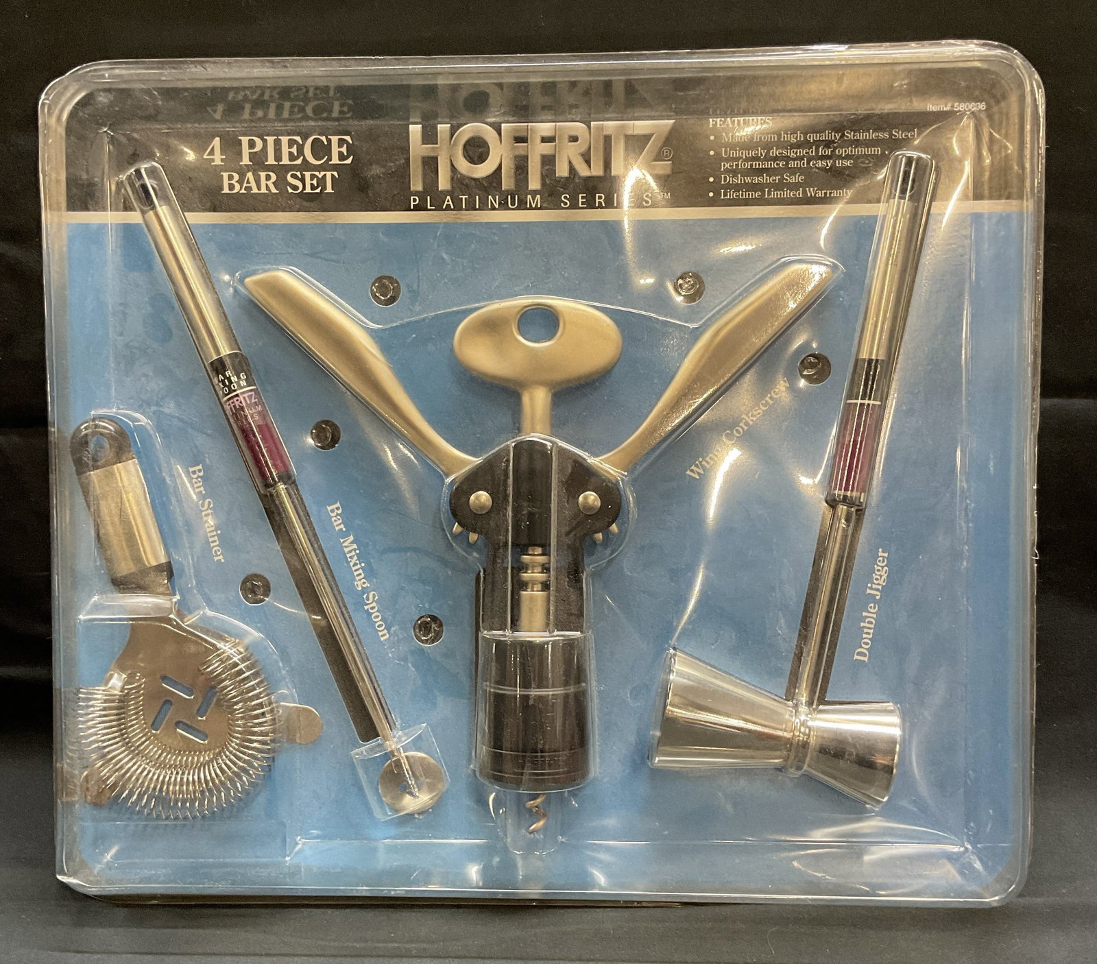Hoffritz 4 Piece Bar Set NIP: Hoffritz Platinum Series 4 piece bar set. New in package. Includes corkscrew, strainer, bar spoon, and double jigger. Package measures approx 13 x 15 x 2.5 inches. Some wear consistent with exposure. 