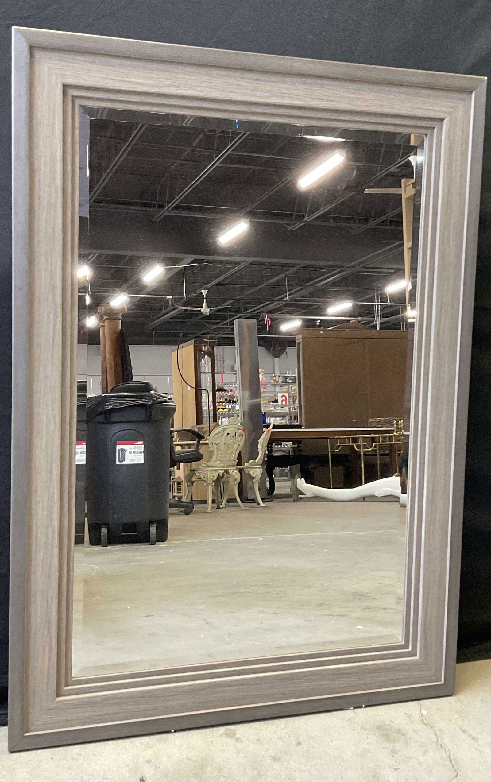 Rectangular Faux Wood Mirror: Rectangular Faux Wood Mirror. Measures approx. 31.25W x 43.25H in. Loose paper and staples to reverse. Surface wear present. Wall art, wall accessories, wall accents, wall decor, home decor, home acce