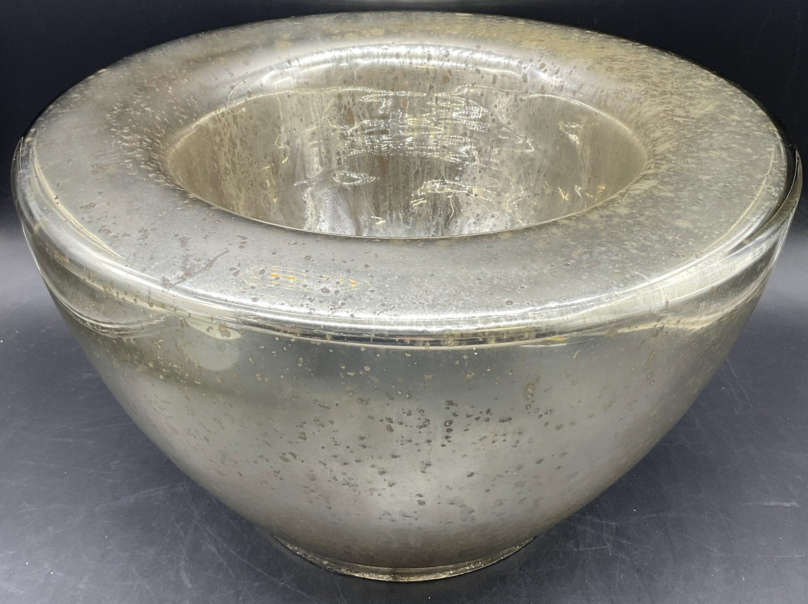 ARTERIORS Mercury Glass Centerpiece Bowl: ARTERIORS Mercury Glass Centerpiece Bowl. ARTERIORS Sticker to the underside. Measures approx. 8H x 13W in. Surface wear consistent with age, use, and exposure. Chipping present. home decor, home acce