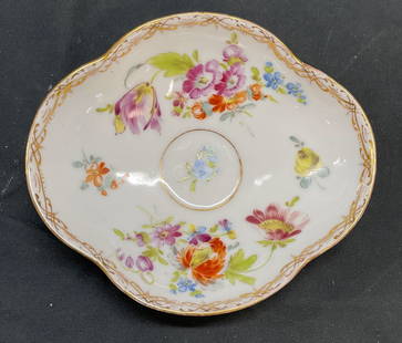 Vintage Dresden Porcelain Floral Bowl, Germany: Vintage Dresden porcelain bowl with handles painted floral design and gilt decoration. Signed, partially legible, crown mark. Made in Germany. Measures approx 5.5 x 4.75 x 1 3/8 inches. Some loss to p