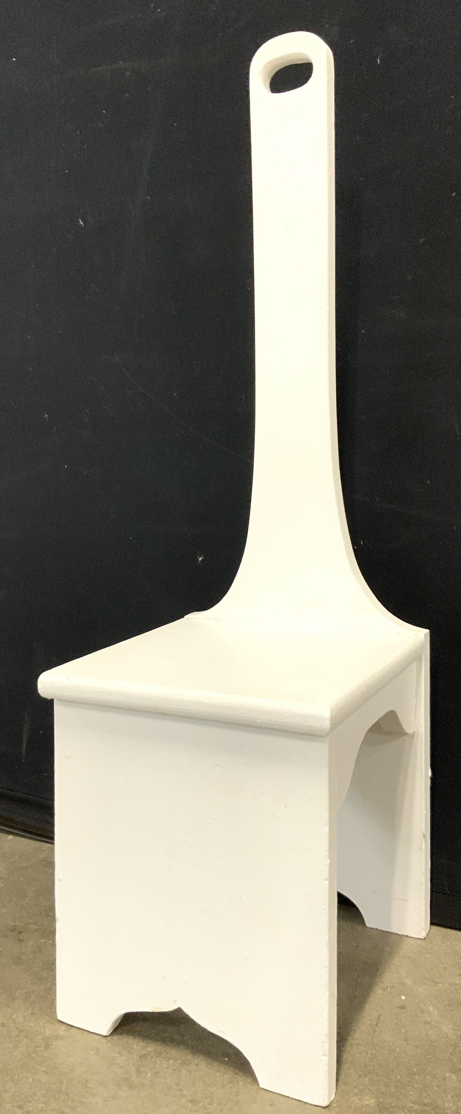 Vintage White Toned Wooden Stool: Stool is white toned and wooden. Piece appears to be Vintage. Stool has slim form backrest. Piece measures approximately 33 inches tall 9 inches wide 10 inches deep. Stool, white stool, wooden stool, 