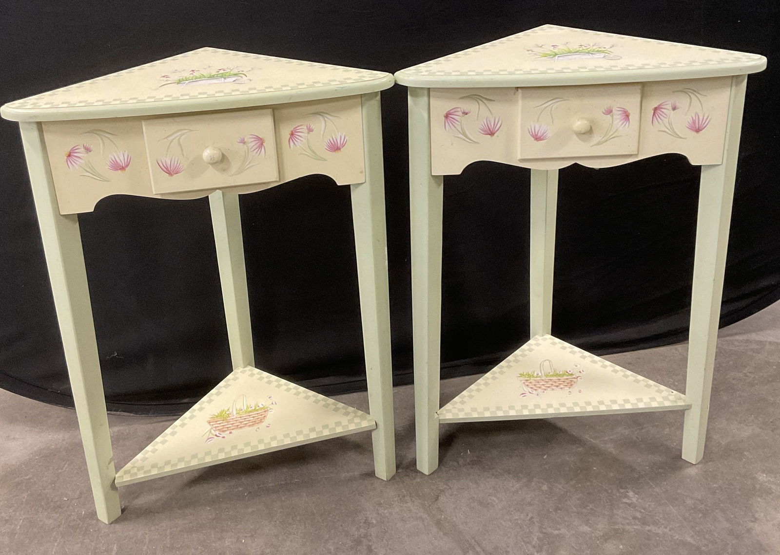 Pair Floral Motif Triangular Wooden End Tables (1 of 10)