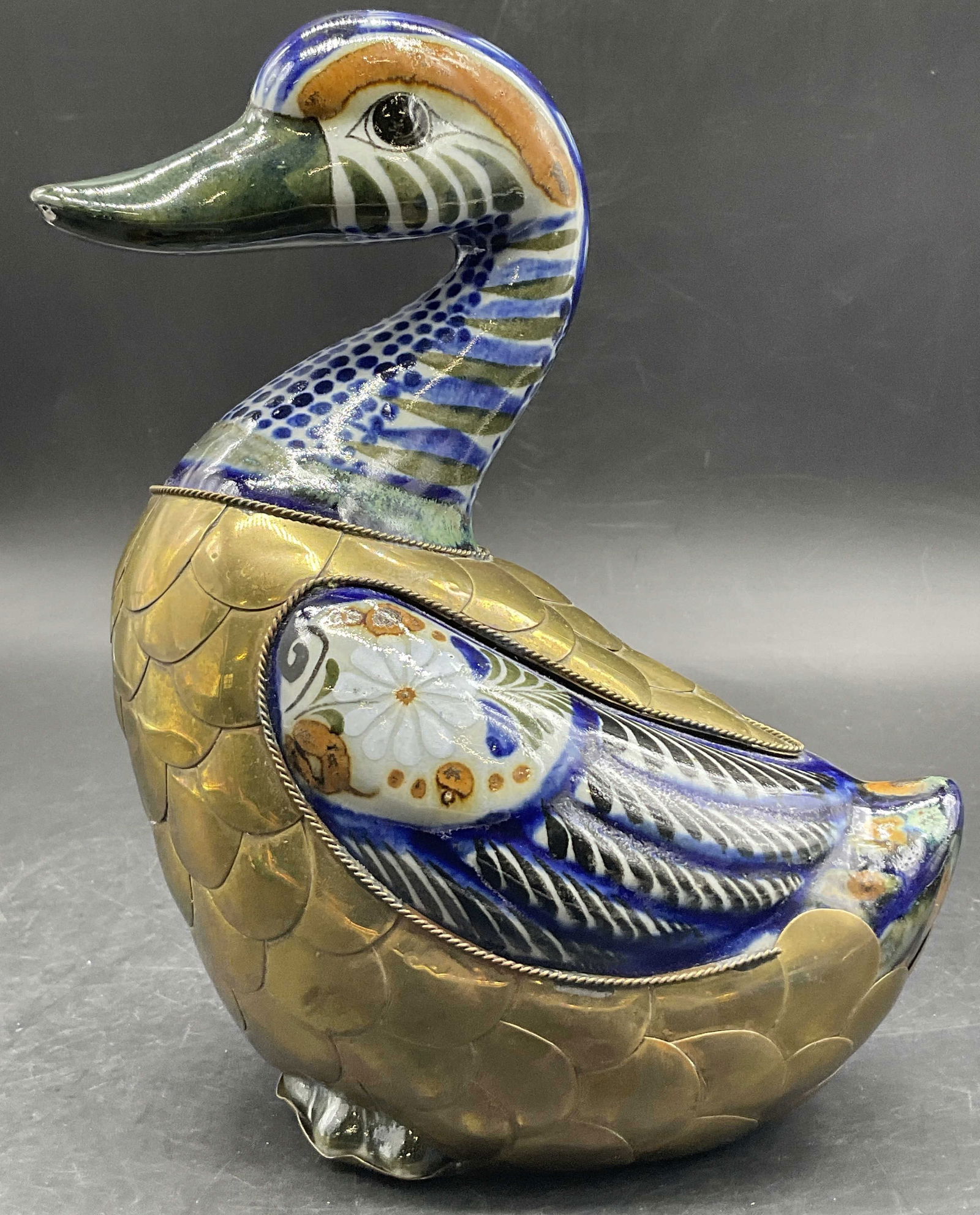 Vintage Folk Art Ceramic & Brass Duck Figural (1 of 8)