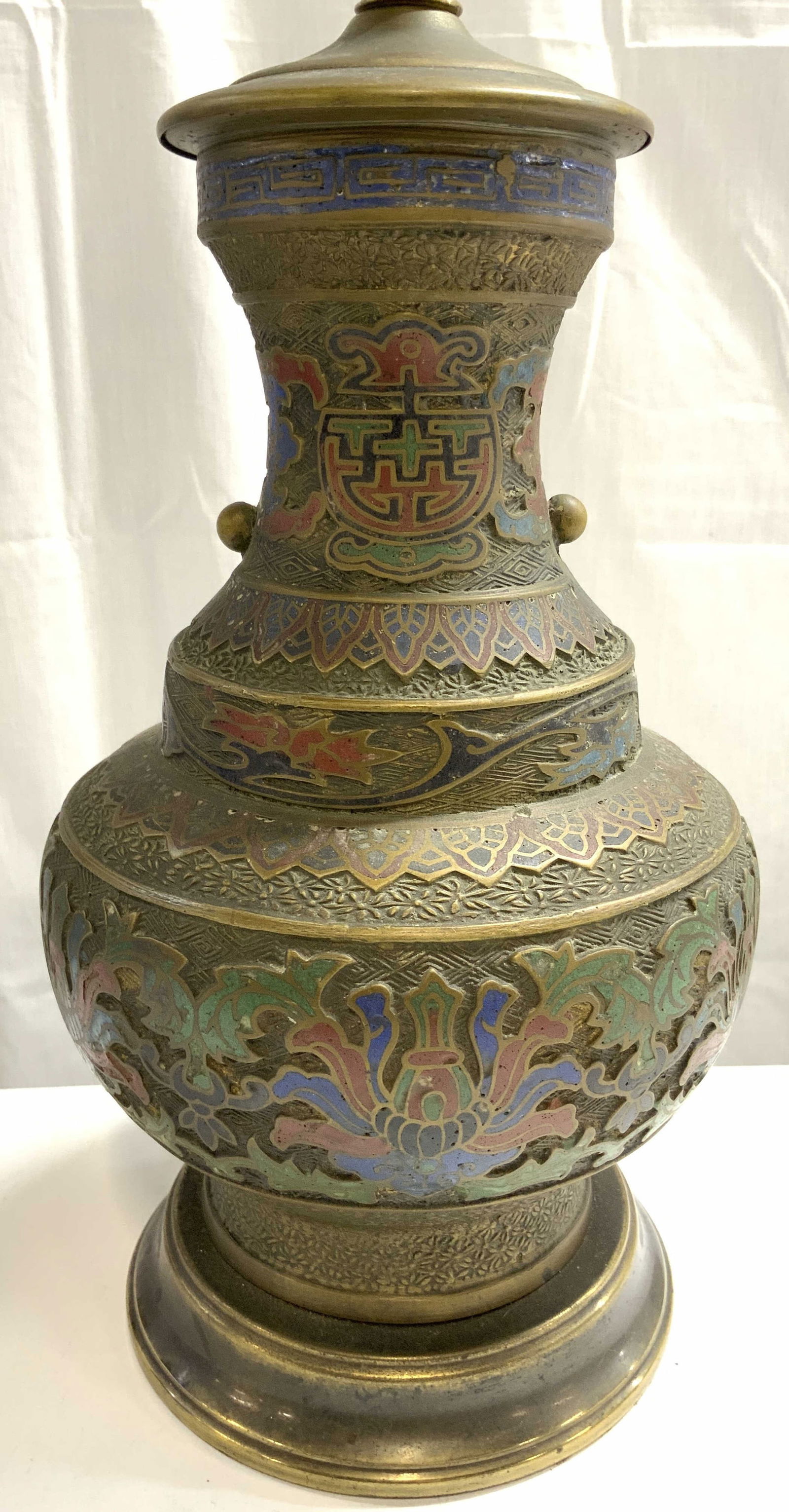 Vtg Cloisonne Enamel & Brass Table Lamp (1 of 8)