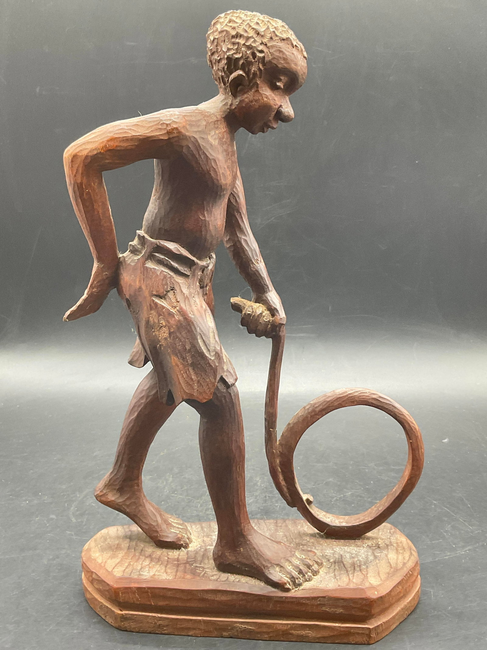 GUSTAVECHER HAITI Signed Carved Wood Figural 12in: GUSTAVECHER HAITI Signed Carved Wood Figural. Folk art. Underside is signed. Measures approx. 12H x 7W in. Chipping and surface wear present. home decor, home accents, homewares, housewares, home acce